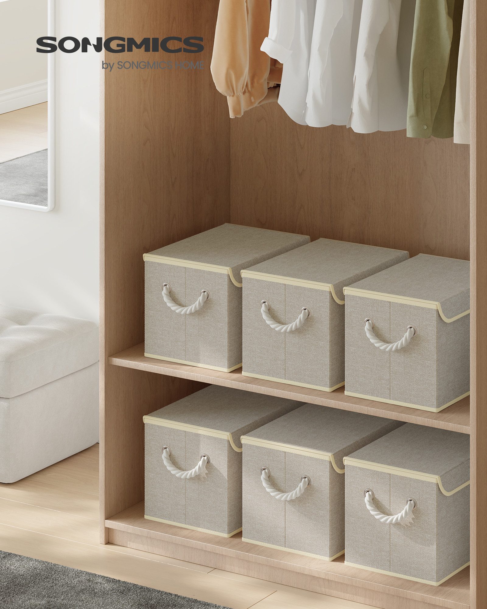 SONGMICS Aufbewahrungsbox 3er Set Stoffboxen klappbar, 38 x 25 x 25 cm, für Schlafzimmer, Wohnzimmer, mit Deckel, Griffe – Bild 2 von 5