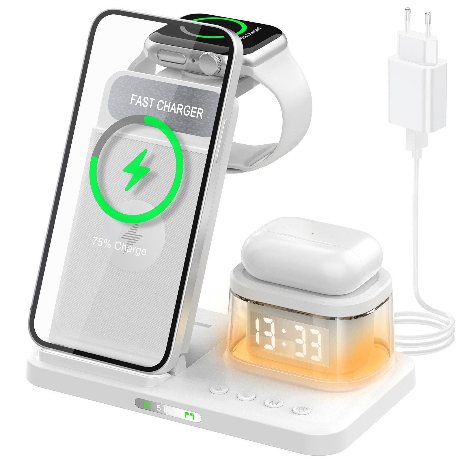 JOEAIS Kabelloses Ladestation 5 in 1 Induktive Ladegerät Wireless Charger Induktions-Ladegerät (Induktive Ladestation Wireless Charger, mit Usb C Charger für SmartWatch)