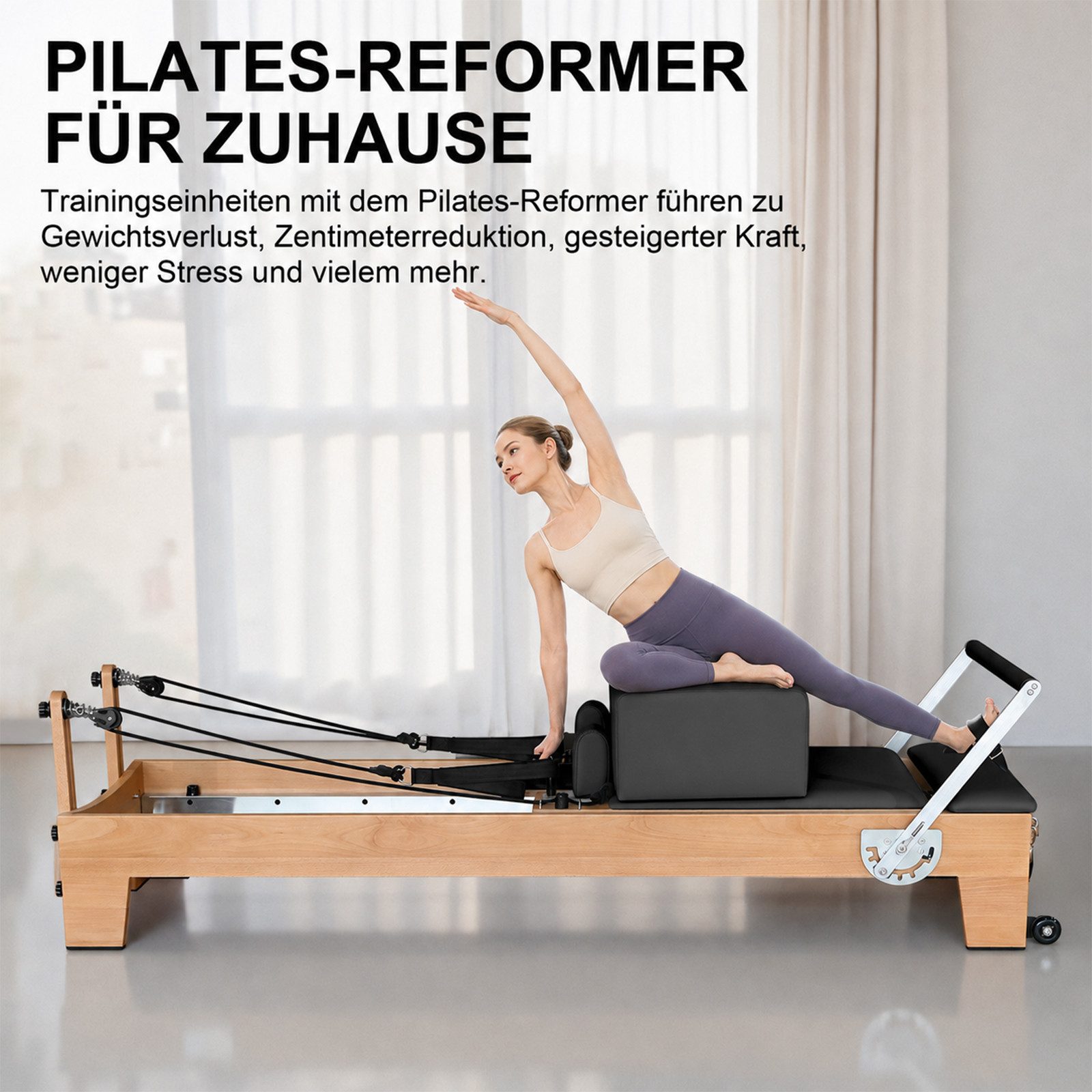 JASPORT Pilates-Reformer Hochwertige Holz-Reformer Serie für Pilates-Studios, (Komplettset mit 6 Federn, Sitzbox, Jumpboard und Fußschlaufen), Für Heimtraining und professionelle Studios geeignet