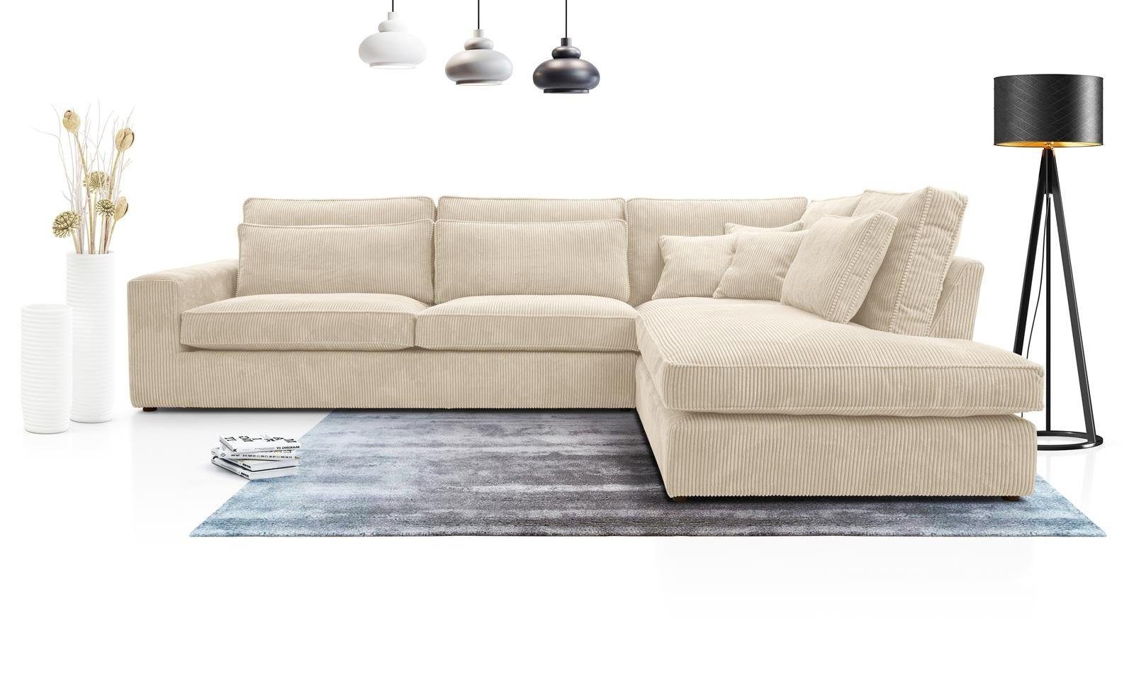 Compleo Ecksofa LAMINE, L-Form Wohnzimmersofa, große Ecke aus Velours, L: 314 cm Creme