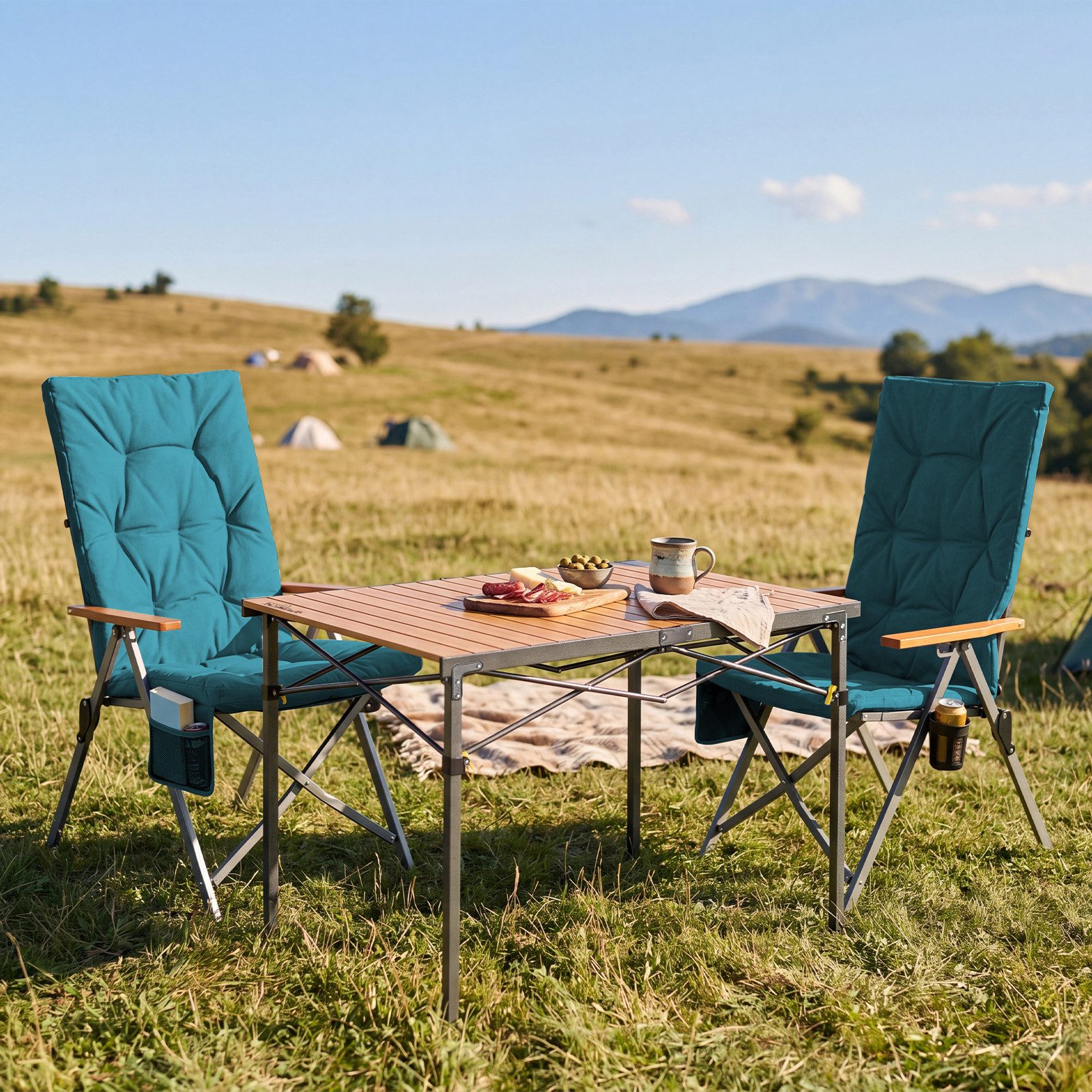 HOMECALL Campingstuhl Klapptisch-Set mit 2 Stühlen Hochlehner Luxus Klappstuhl Campingtisch (gartenstuhl klappbar für 4-6 Personen), mit 4,5cm Dicke Gepolstert