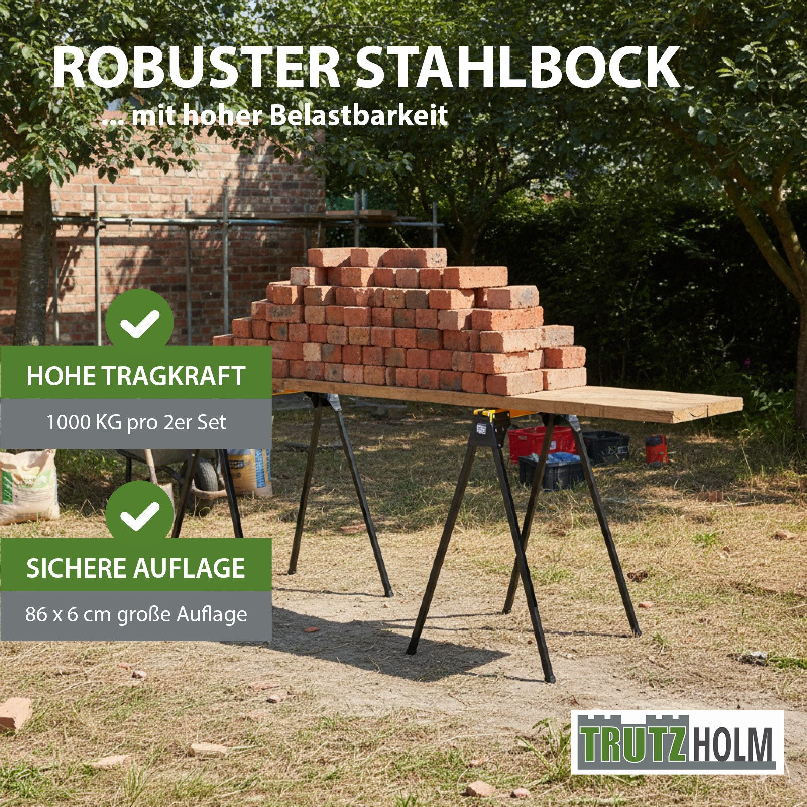 TRUTZHOLM Klappbock 2x Arbeitsbock klappbar bis 1000 kg Stahl pulverbeschichtet, (2 Arbeitsböcke im Set), Klappbar, platzsparend, hohe Tragkraft, schneller Auf- – Bild 5 von 5