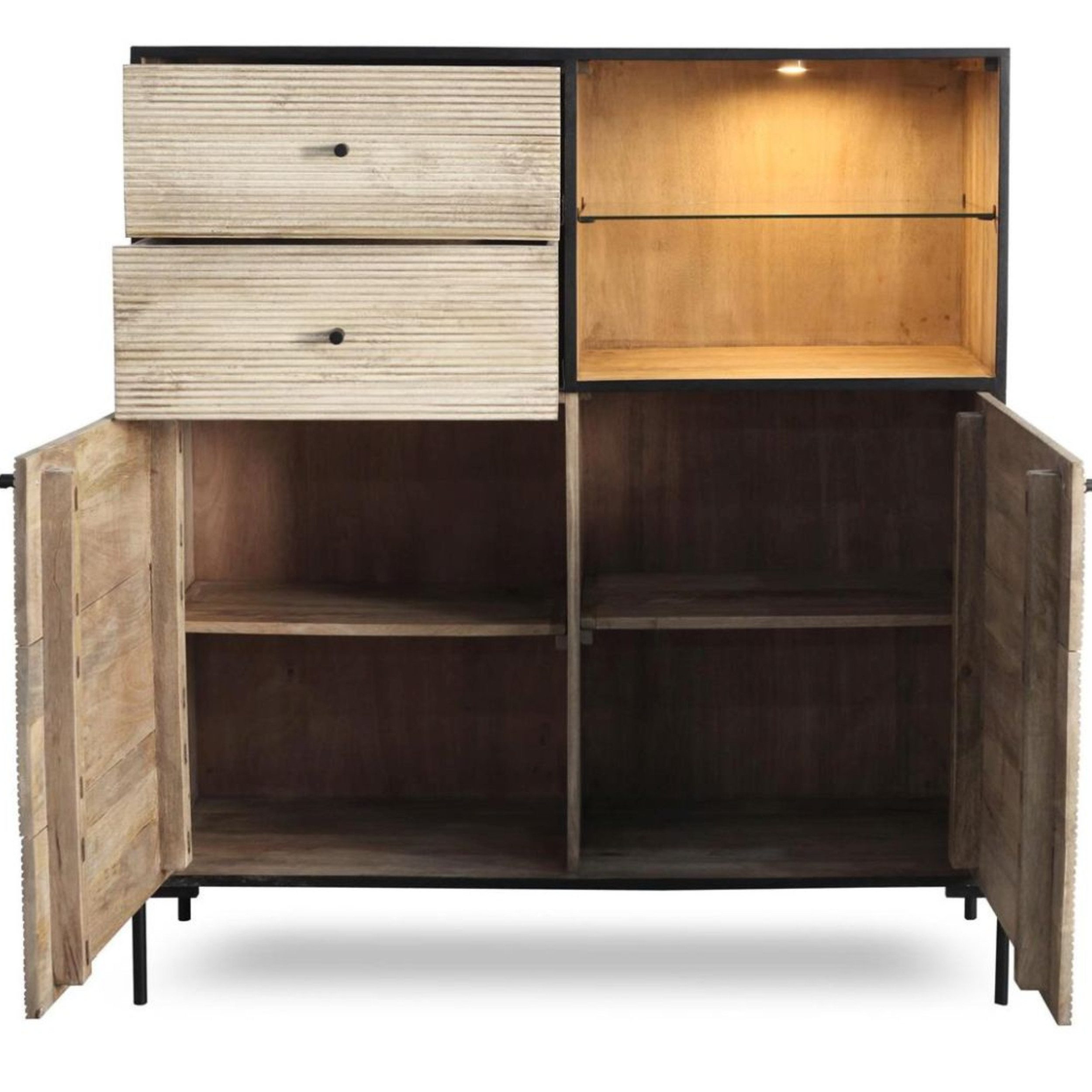 WOLF MÖBEL Sideboard (118 x 40 x 135), REEL Highboard 2 Schubl./ 2 Türen / 1 Glasboden / Licht