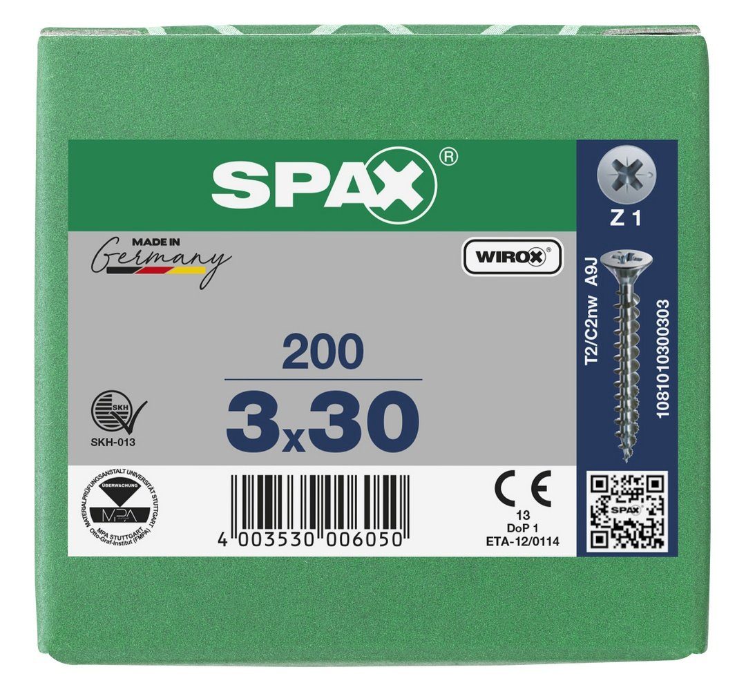 SPAX Spanplattenschraube Universalschraube, 200 3x30 (Stahl weiß mm verzinkt, St)