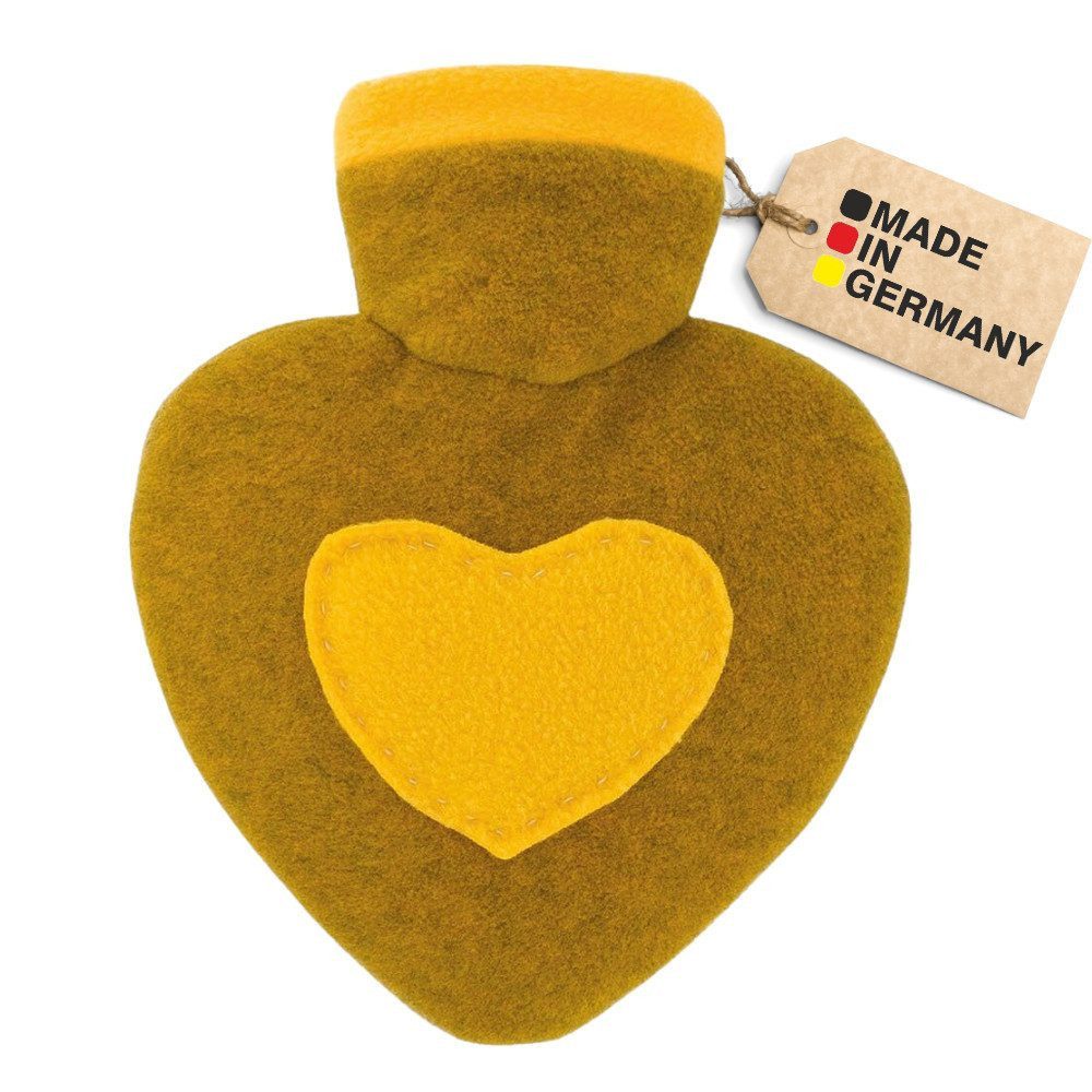 Hugo Frosch Wärmflasche Herz 1,0 l Made in Germany mit Bezug Fleece Filzoptik, Mango-Melange, langlebig, auslaufsicher, waschbarer Überzug