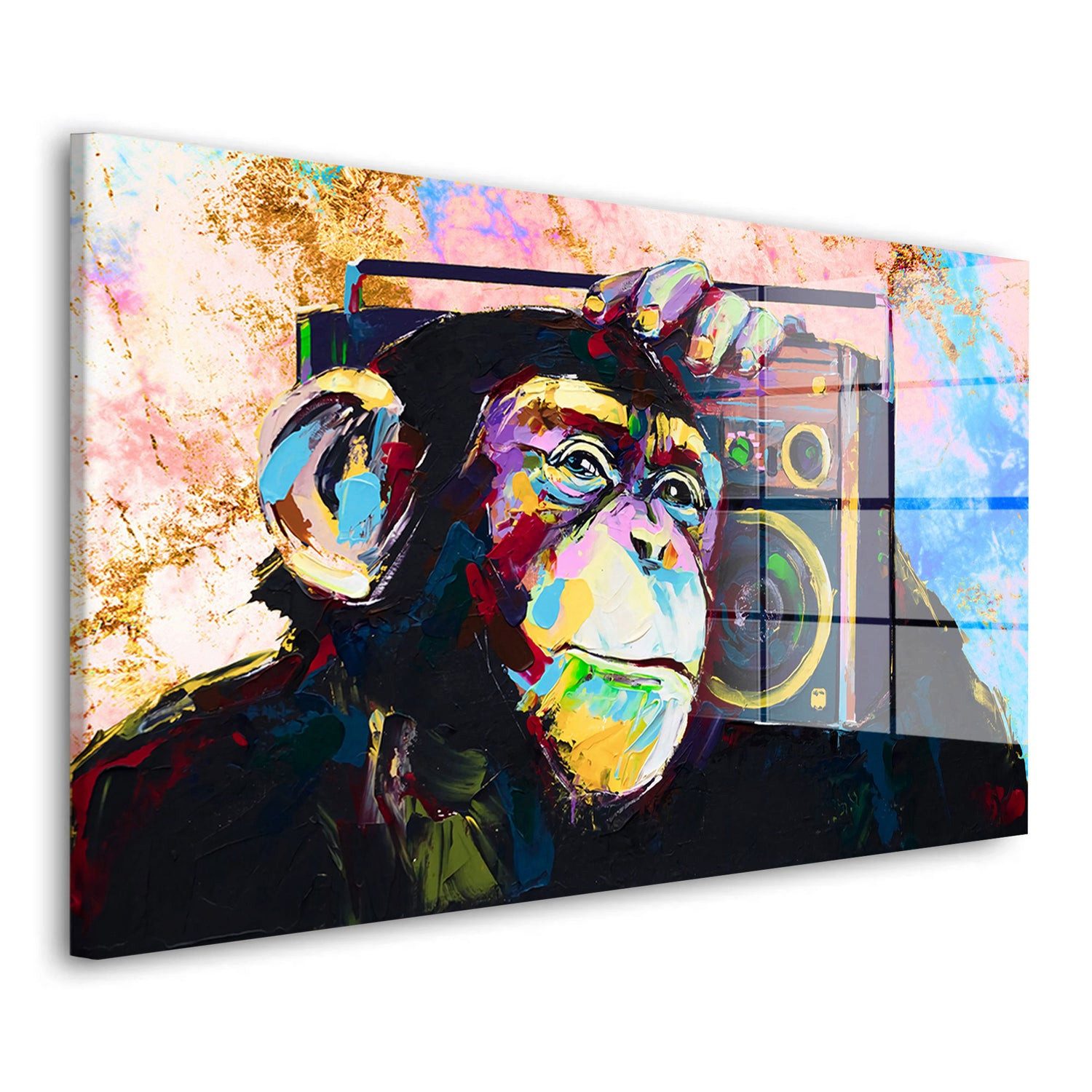 Acrylglasbild Pop Art Affe mit Radio Acrylglas Wandbild Bild Wanddeko Wohnzimmer XL