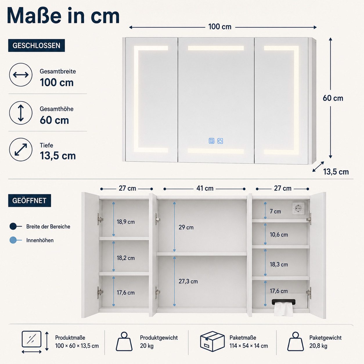 Simurq Badezimmerspiegelschrank LED-Spiegelschrank 100 × 60 cm, 3-türig, 3 Lichtfarben, Anti-Beschlag (Einzelartikel, 1-St., 1 Spiegelschrank) 3 Lichtfarben, Tissue-Auszug