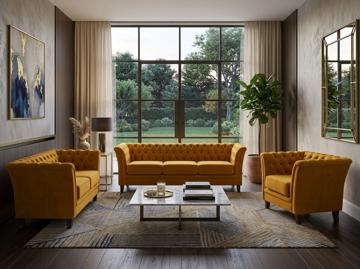 Xlmoebel Chesterfield-Sofa Dunkelgelbes Chesterfield-Sofa-Set mit 3+2+1-Sitzern, 3 Teile, Made in Europa