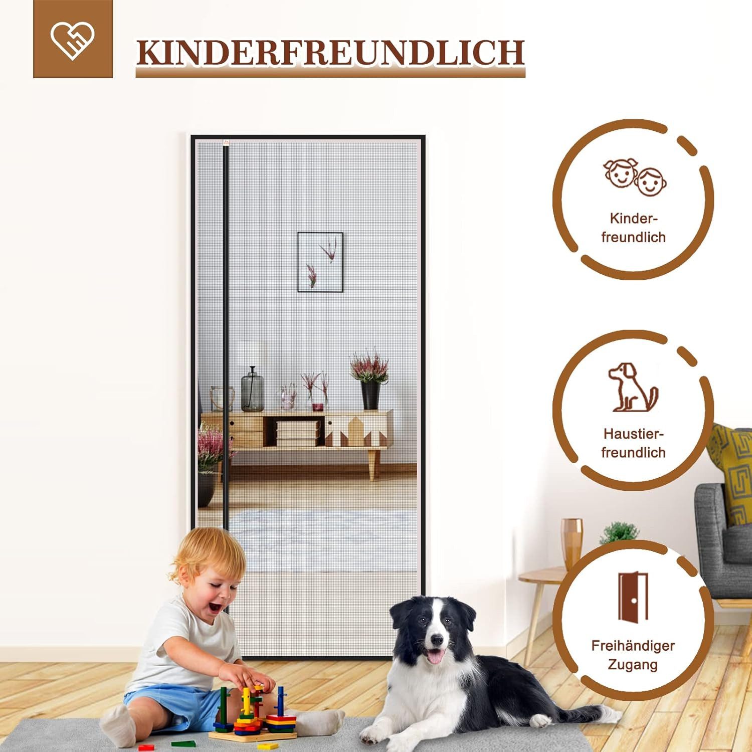 FELIXLEO Fliegengitter-Gewebe Fliegengitter Balkontür Magnet 80x200cm Seitliche Öffnung Schwarz, (1-St)