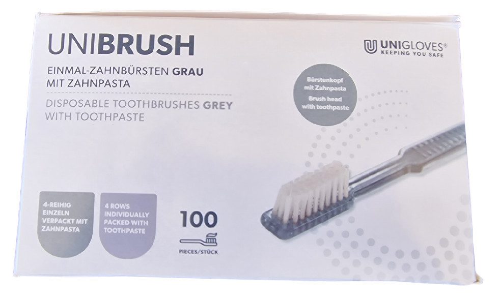 Unigloves® Zahnbürste Unibrush Einmalzahnbürste mit Zahnpasta 100 Stück Grau