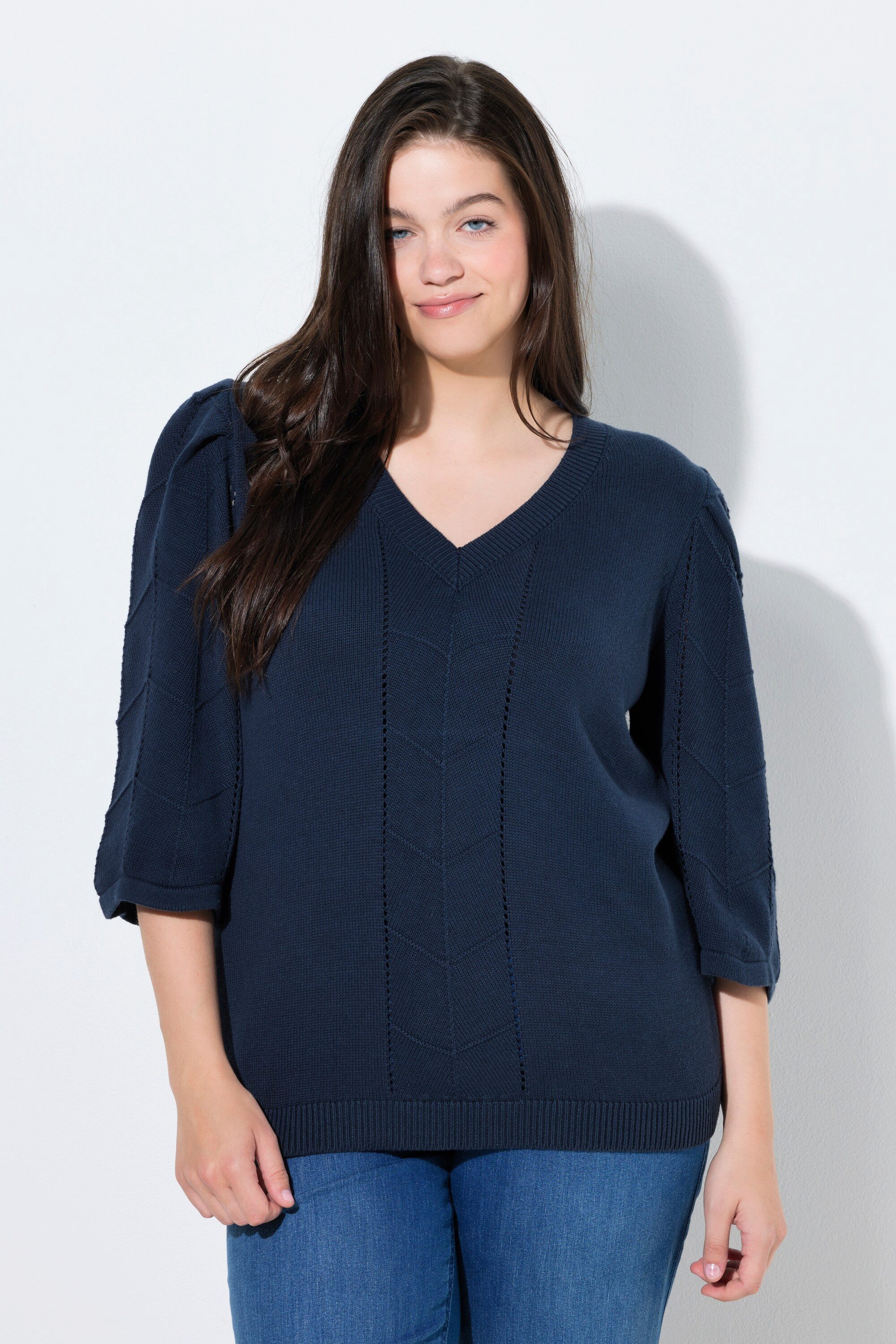 Ulla Popken Fleecepullover Pullover Ajourstrick V-Ausschnitt 3/4-Arm