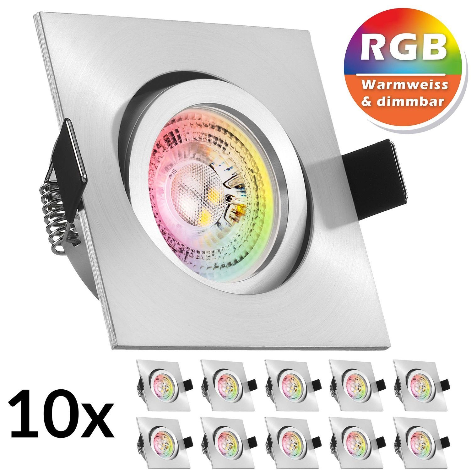 LEDANDO LED Einbaustrahler 10er RGB LED Einbaustrahler Set GU10 in aluminium matt mit 3W LED von