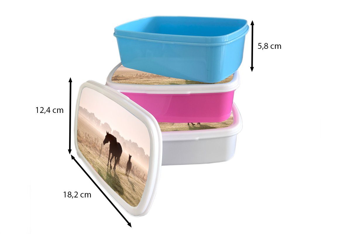 MuchoWow Lunchbox Snackbox, - rosa Kunststoff, - Silhouette, Brotbox Nebel Pferde (2-tlg), Brotdose Erwachsene, Kinder, Kunststoff Mädchen, für