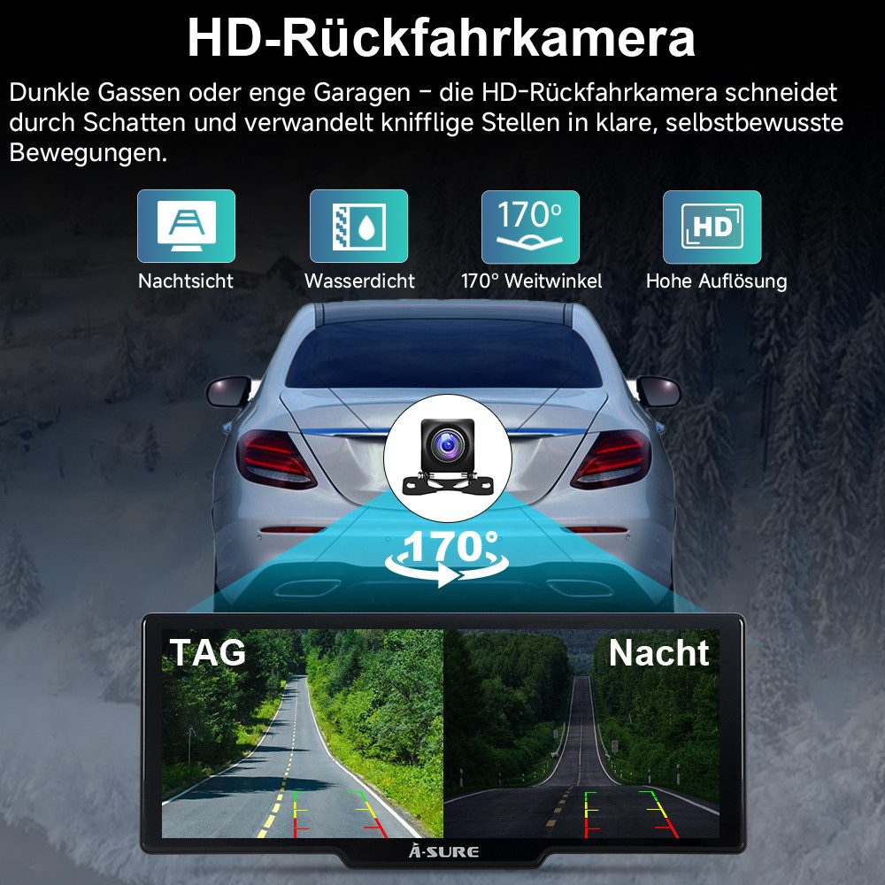 A-Sure 10.26" 4K Wireless Carplay Android Auto AutoRadio GPS Navigationsgerät Dashcam (WiFi, Apple carplay, Android Auto, TF Card, 4K-Frontkamera/10.26" IPS Bildschirm( 1600*600) /64GB Rom TF Card)