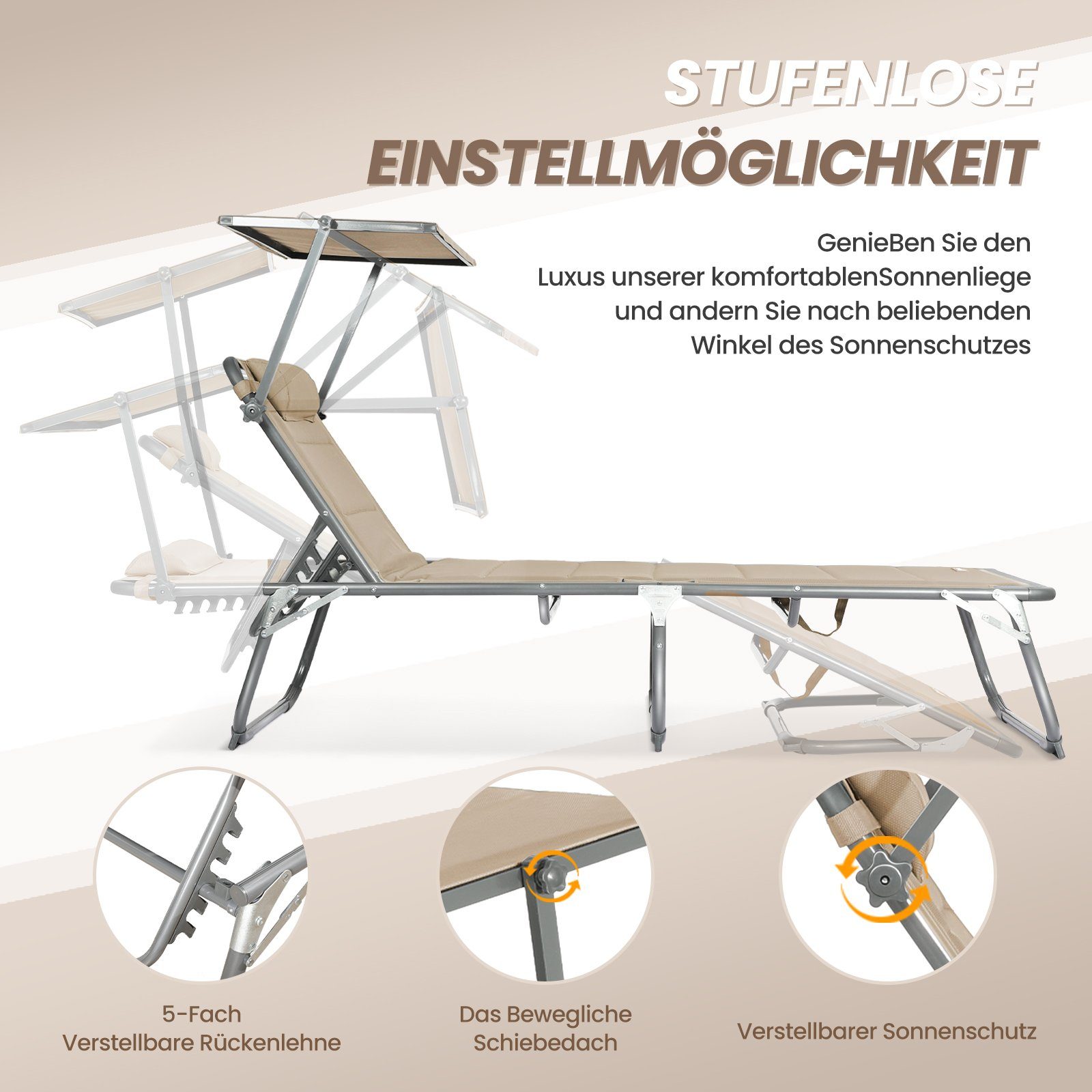 HOMECALL Gartenliege Sonnenliege AluLiege Liegestuhl Strandliege Liegen wetterfest, klappbar, Textilene Mit Dickemschnelltrocknende Schaumstoffpolsterung, Verstellbare Rückenlehne, Sonnenblende, Kopfpolster, bis 180KG