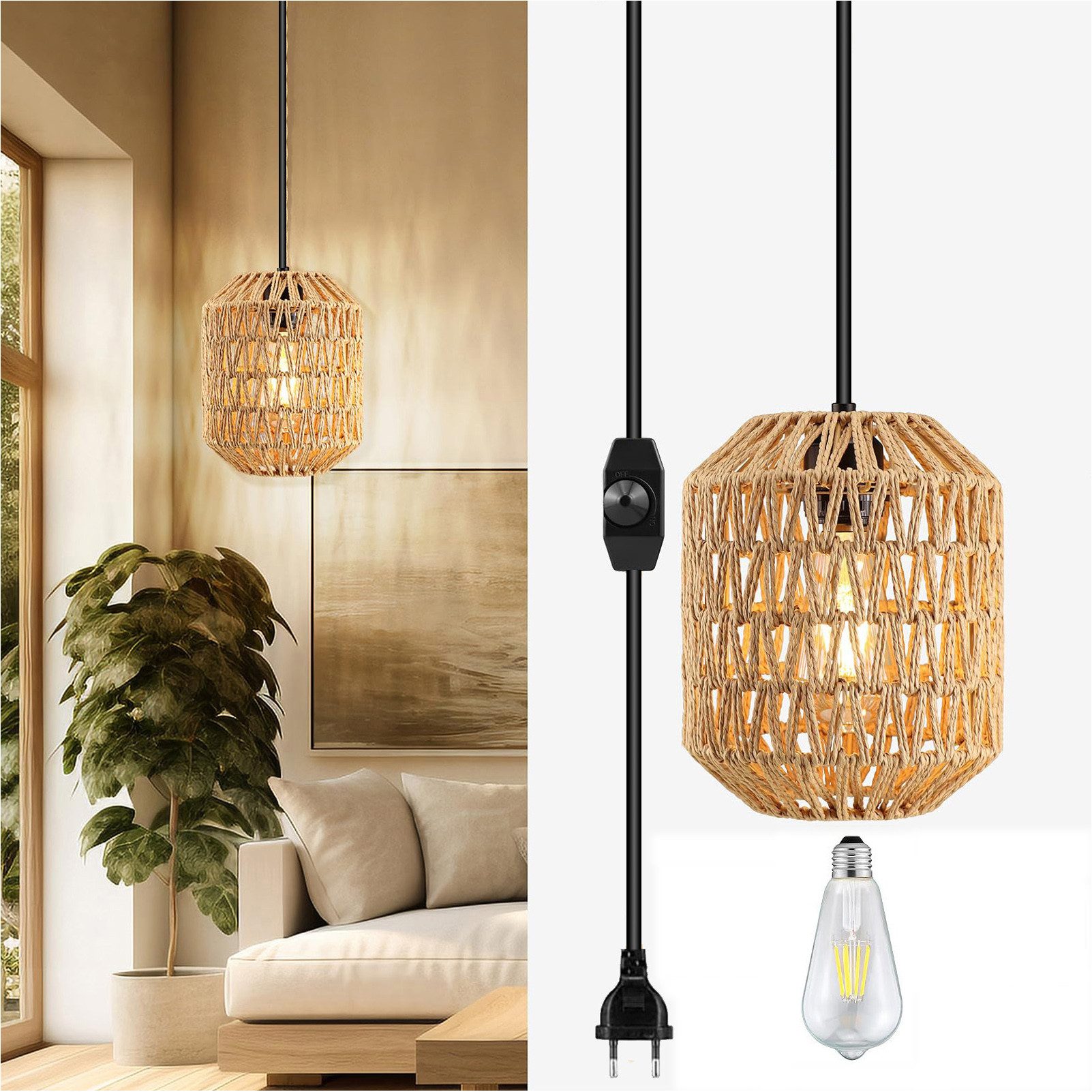 Sunicol LED-Hängeleuchte Dimmbar Vintage Hängelampe mit Stecker, DIY Hanfse günstig online kaufen