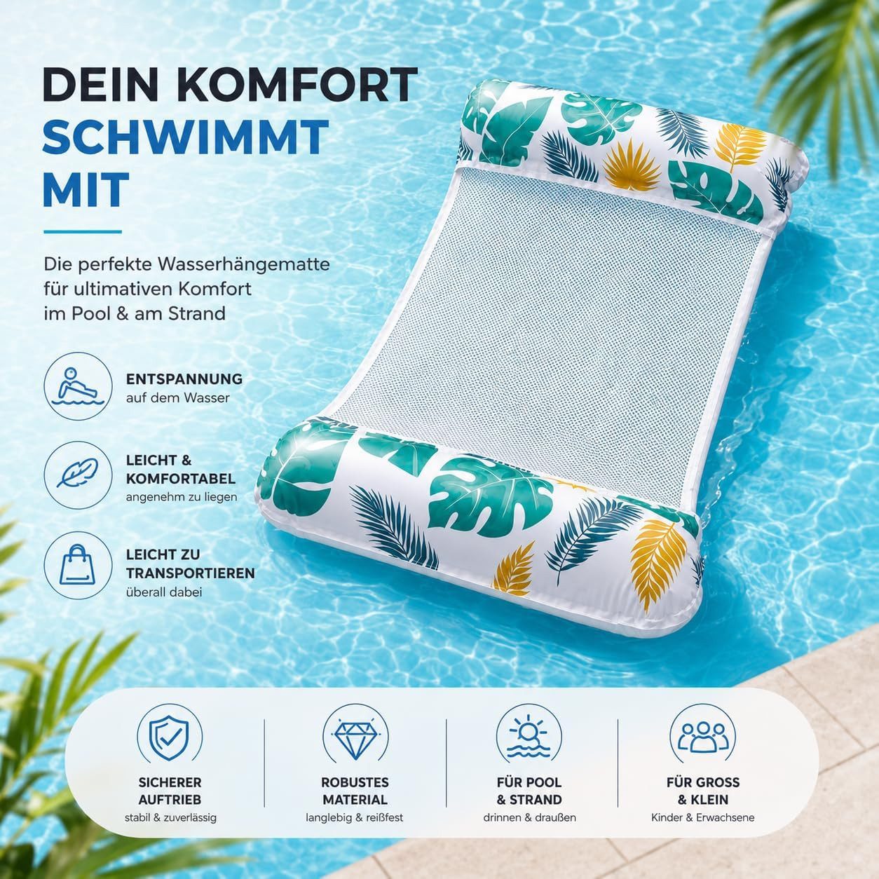 TK Gruppe Luftmatratze Luftmatratze Pool aufblasbar – Wasserhängematte & Schwimmkissen