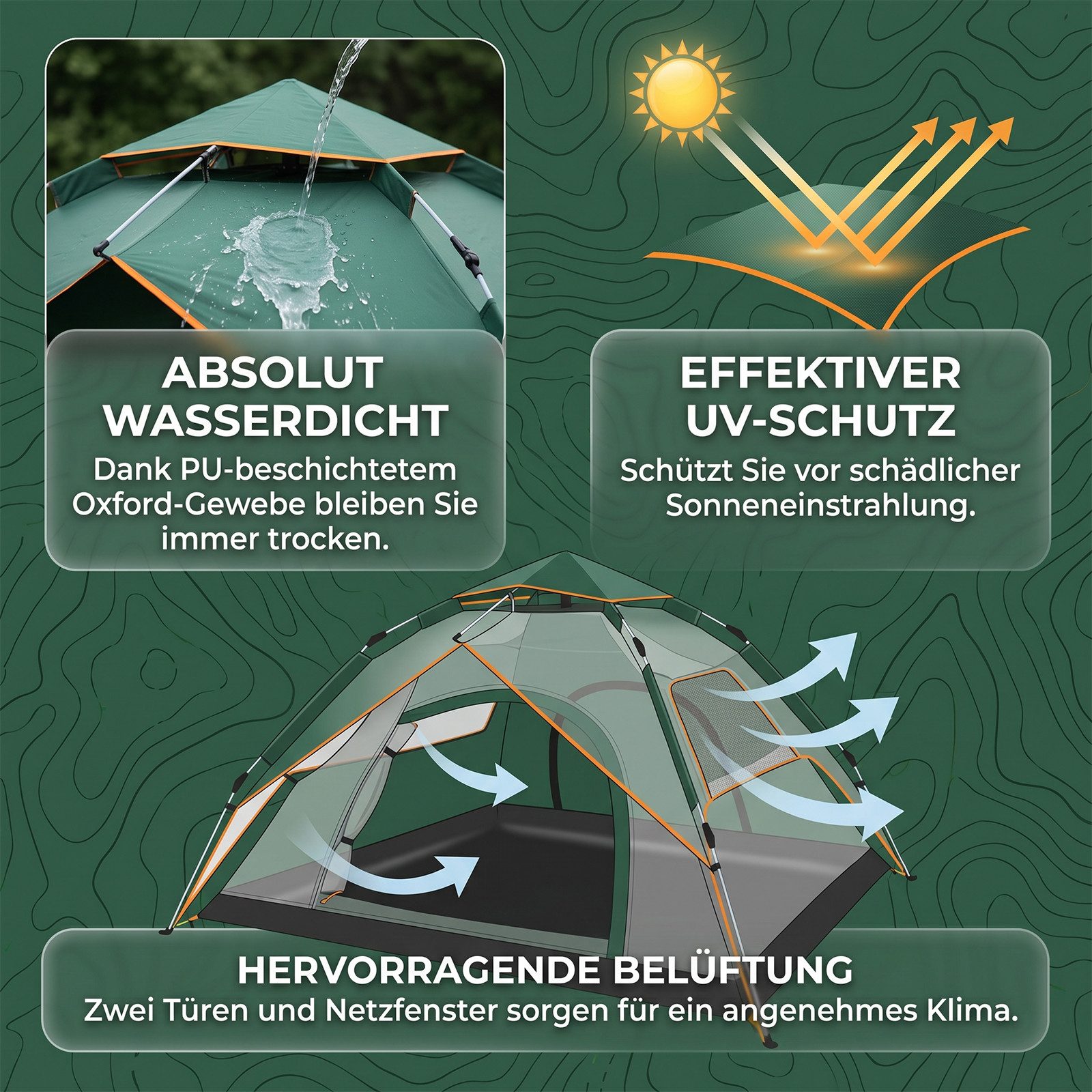 AKKEE Kuppelzelt Automatisches Pop-up-Zelt für 3-4 Personen, wasserdicht, für Camping, Wandern, Picknick, Jagen und Angeln