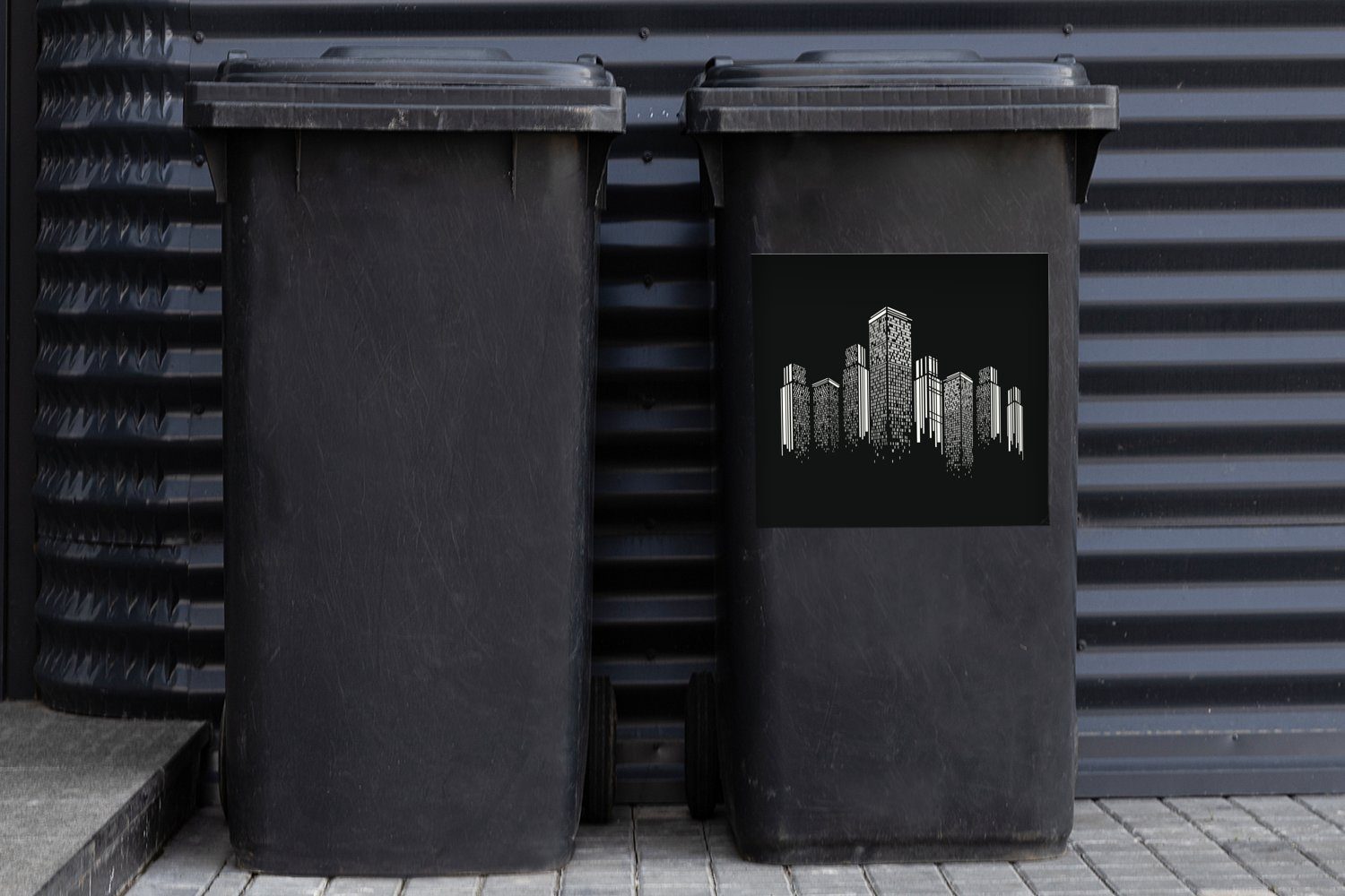 Eine einer Skyline Abfalbehälter (1 Sticker, Mülleimer-aufkleber, Wandsticker Mülltonne, Container, MuchoWow Schwarz-Weiß-Illustration St),
