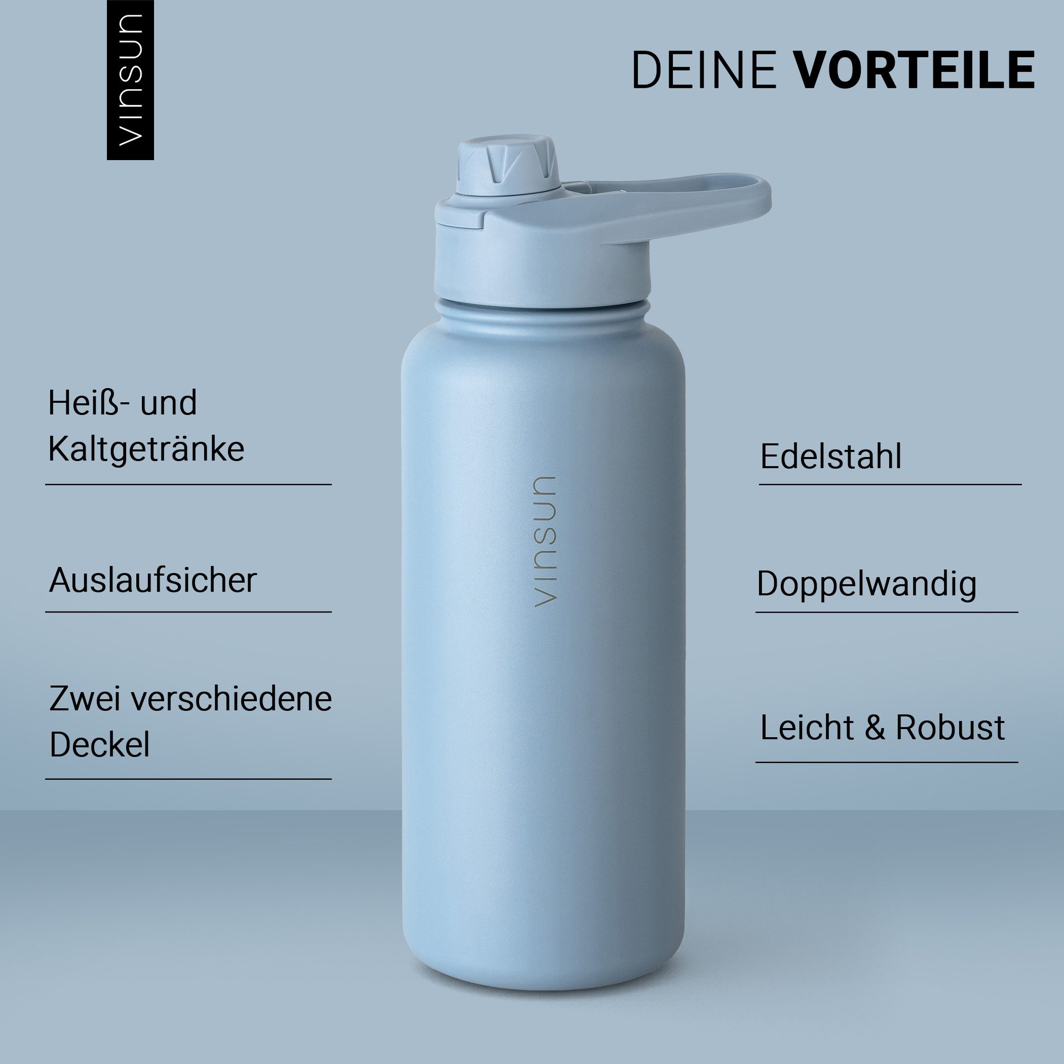 Vinsun Isolierflasche Edelstahl Trinkflasche 750ml Strohhalm - 2 Deckel Thermoflasche, BPA frei, doppelwandig, auslaufsicher, bruchsicher, geruchsneutral