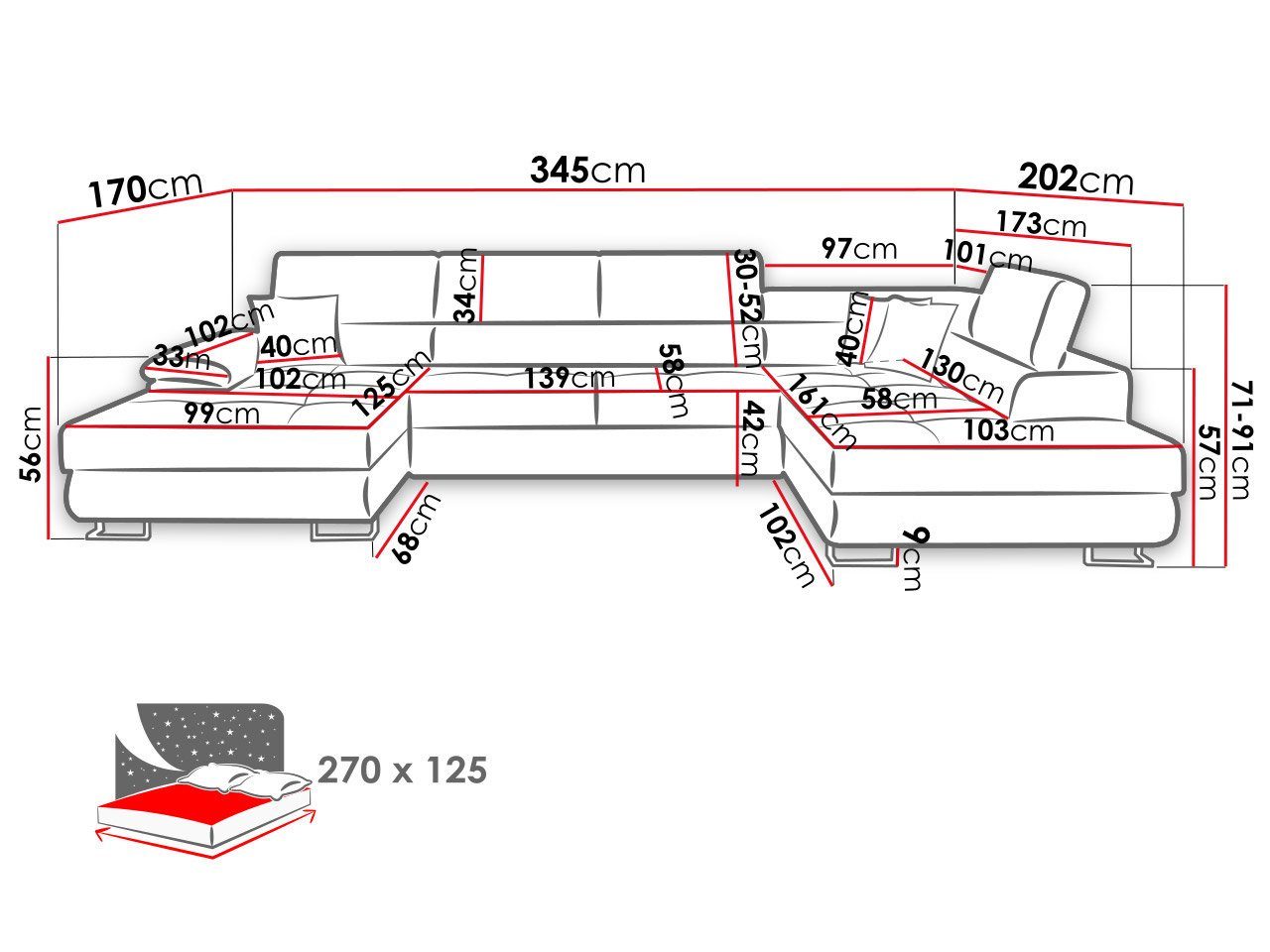 MIRJAN24 Wohnlandschaft Cotere Bis Einstellbare Bettkasten mit drei Poso mit 135 Cord, Kissen Kopfstützen, Schlaffunktion, und U-Form