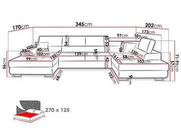 MIRJAN24 Wohnlandschaft Cotere Bis Cord, mit Bettkasten und Schlaffunktion, Einstellbare Kopfstützen, U-Form mit drei Kissen