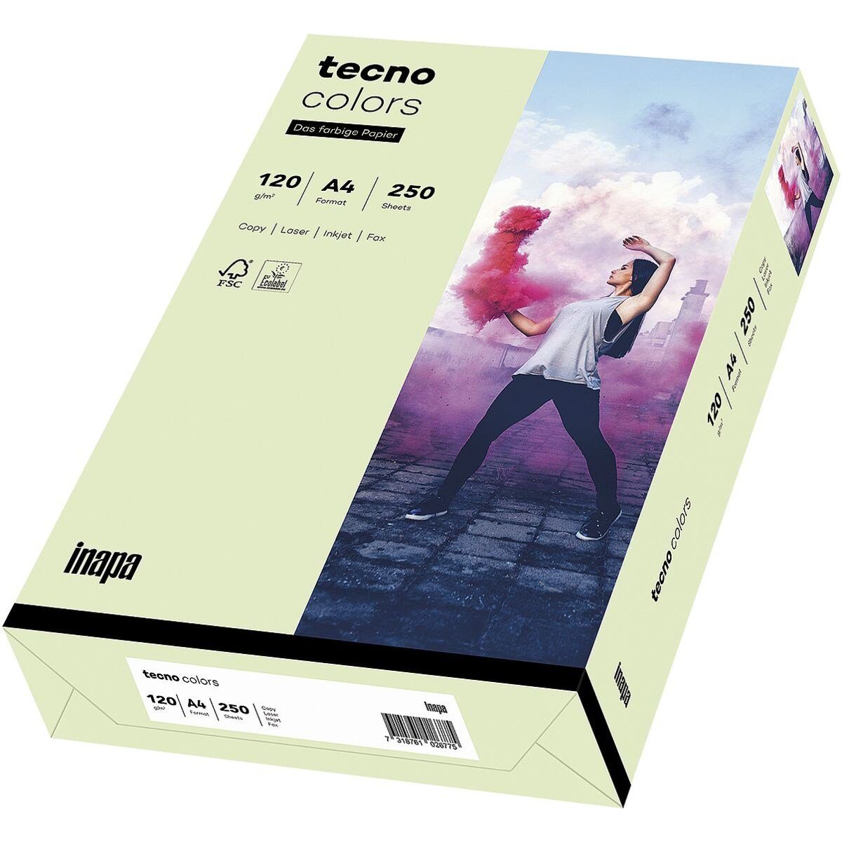 Inapa tecno Drucker- und Kopierpapier Rainbow / tecno Colors, Pastellfarben, Format DIN A4, 120 g/m², 250 Blatt hellgrün
