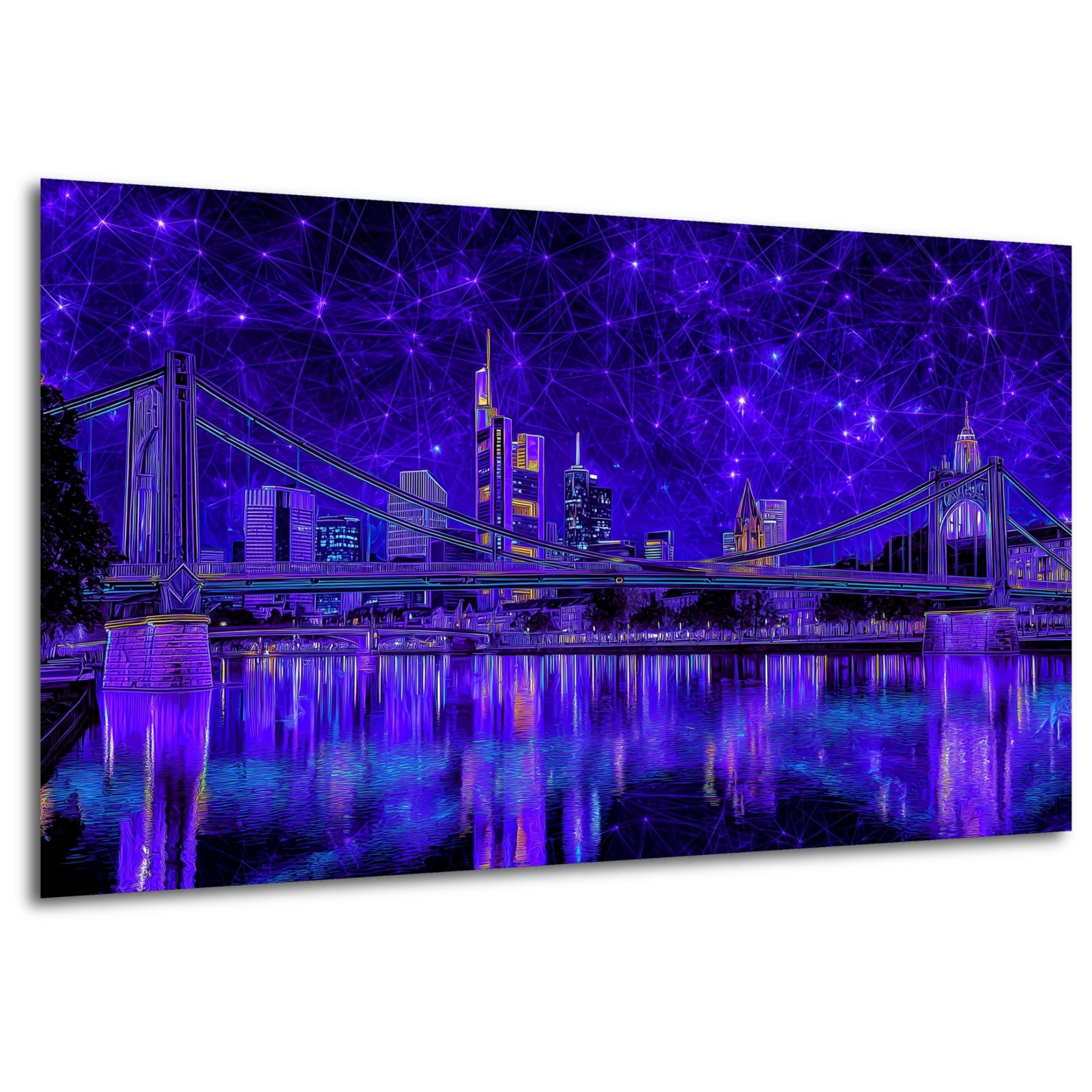 DARO Design Wandbild Frankfurt Wandbilder Wand Deko Bilder Modern Leinwandbild, (Frankfurt Panorama unter violettem Sternenhimmel - Bild klein Wohnzimmer Büro Flur Schlafzimmer Esszimmer Einteilig Querformat Fotodruck Städte-Skyline), 20x30 cm