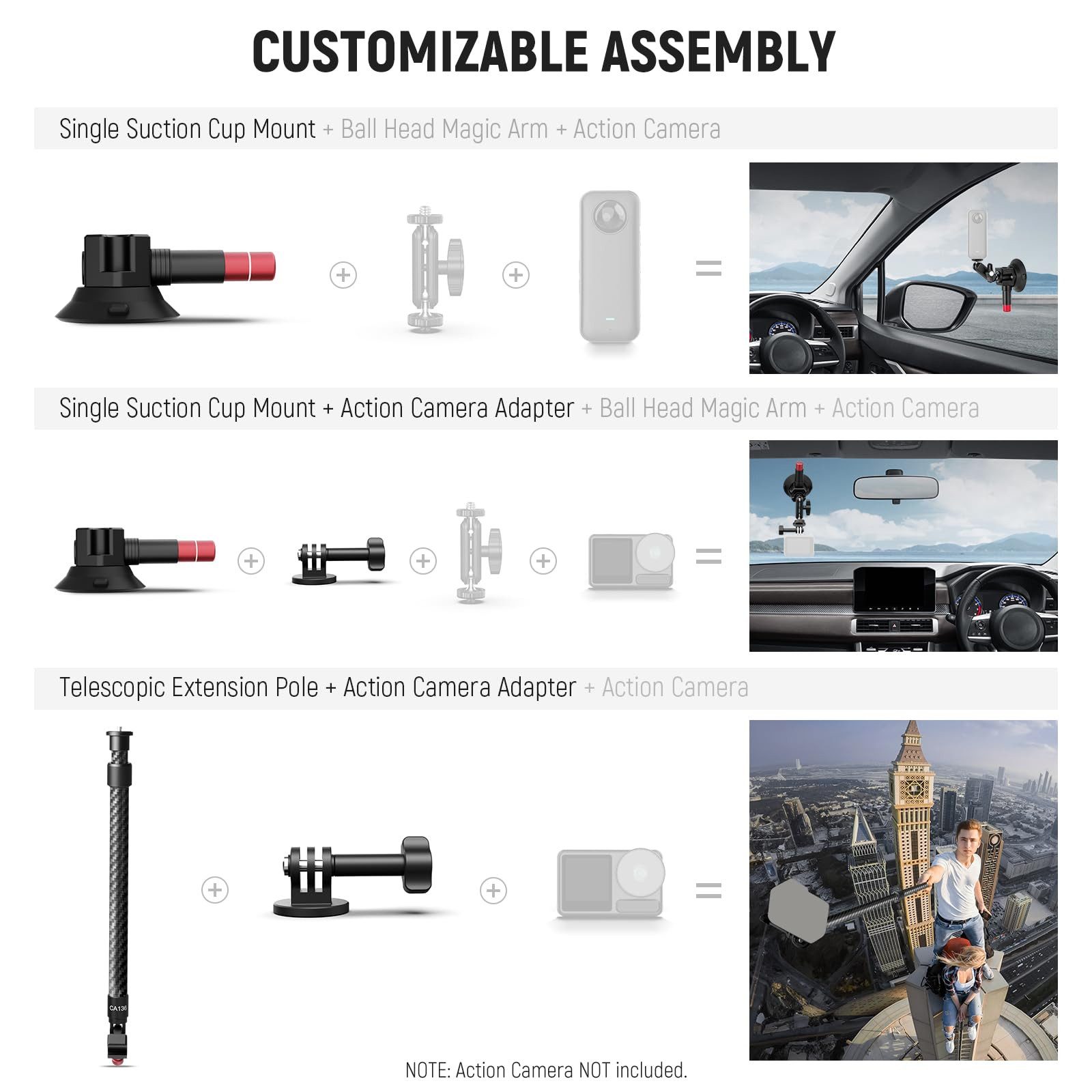 Neewer Action Cam-Halterung CA136 Autohalterung Set mit drei Saugnäpfen, für GoPro Insta360, (Packung, 1-tlg., Kamerahalterung aus Kohlefaser, NATO Schiene, 60cm Verlängerungsstange)