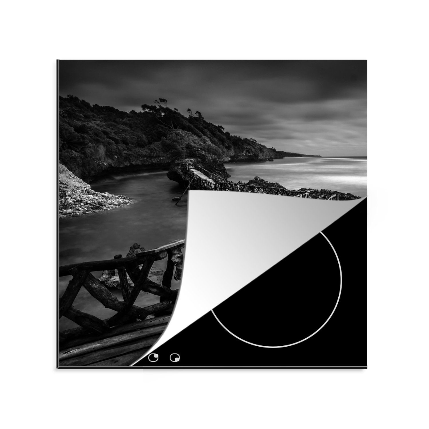 MuchoWow Herdblende-/Abdeckplatte Indonesien - Brücke - Schwarz - Weiß, Vinyl, (1 tlg), 78x78 cm, Ceranfeldabdeckung, Arbeitsplatte für küche