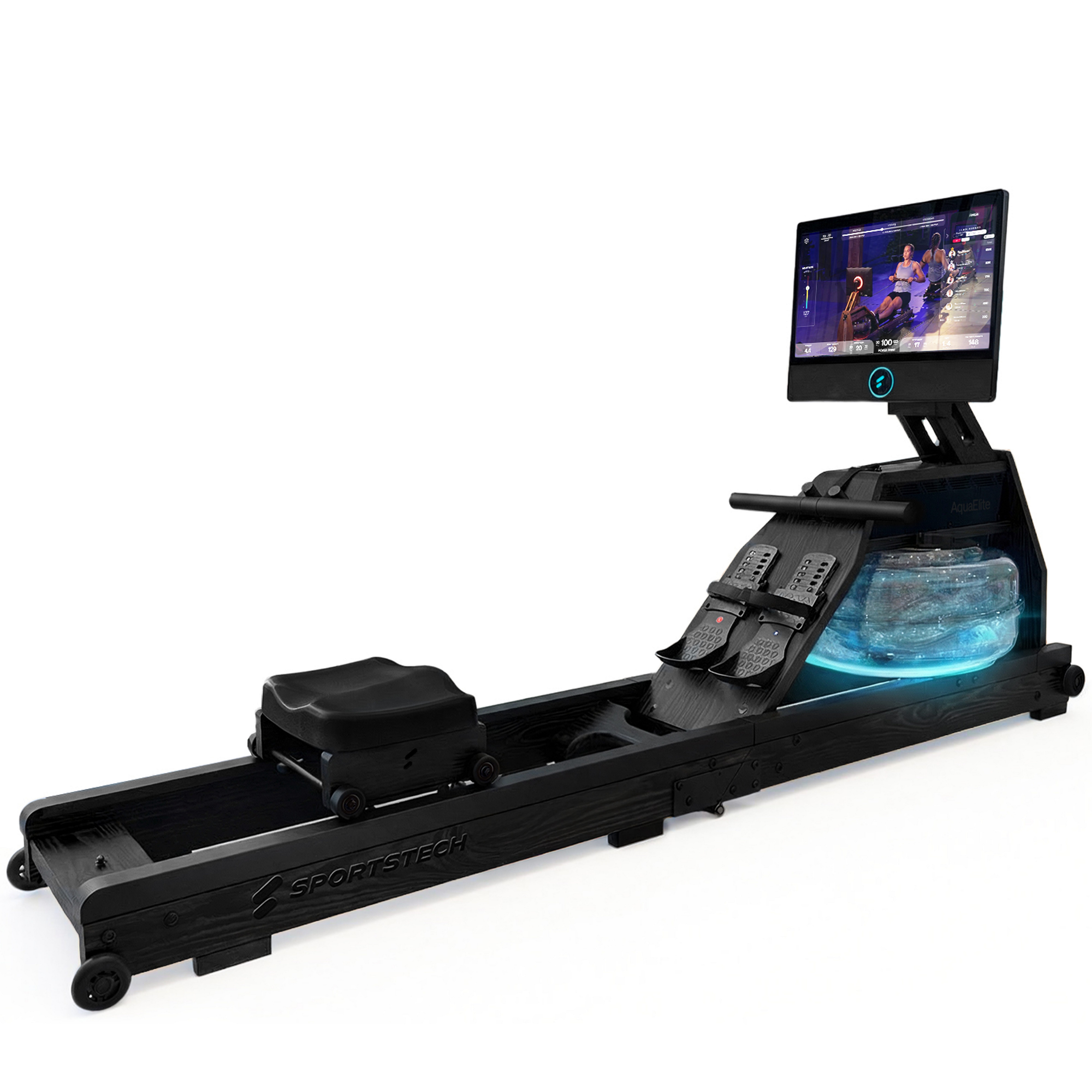 Sportstech Rudergerät AquaElite Wasserrudergerät, LED, App-Konnektivität, klappbar, 21,5" HD-Display