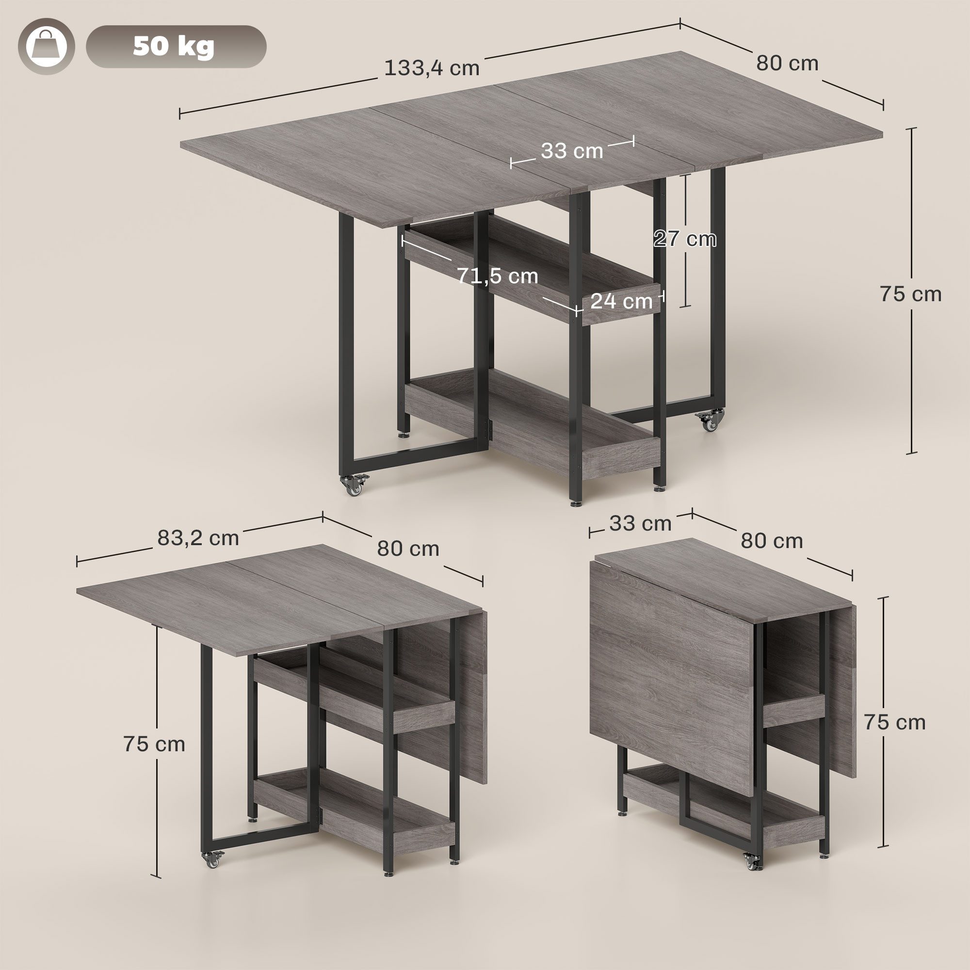 HOMCOM Klapptisch Esstisch Klappbar für 2-4 Personen mit 2 Offenen Ablagen (Küchentisch, 1-St., Mobiler Esszimmertisch), für Kleine Räume, Esszimmer, Küche 133,4 x 80 x 74 cm Grau