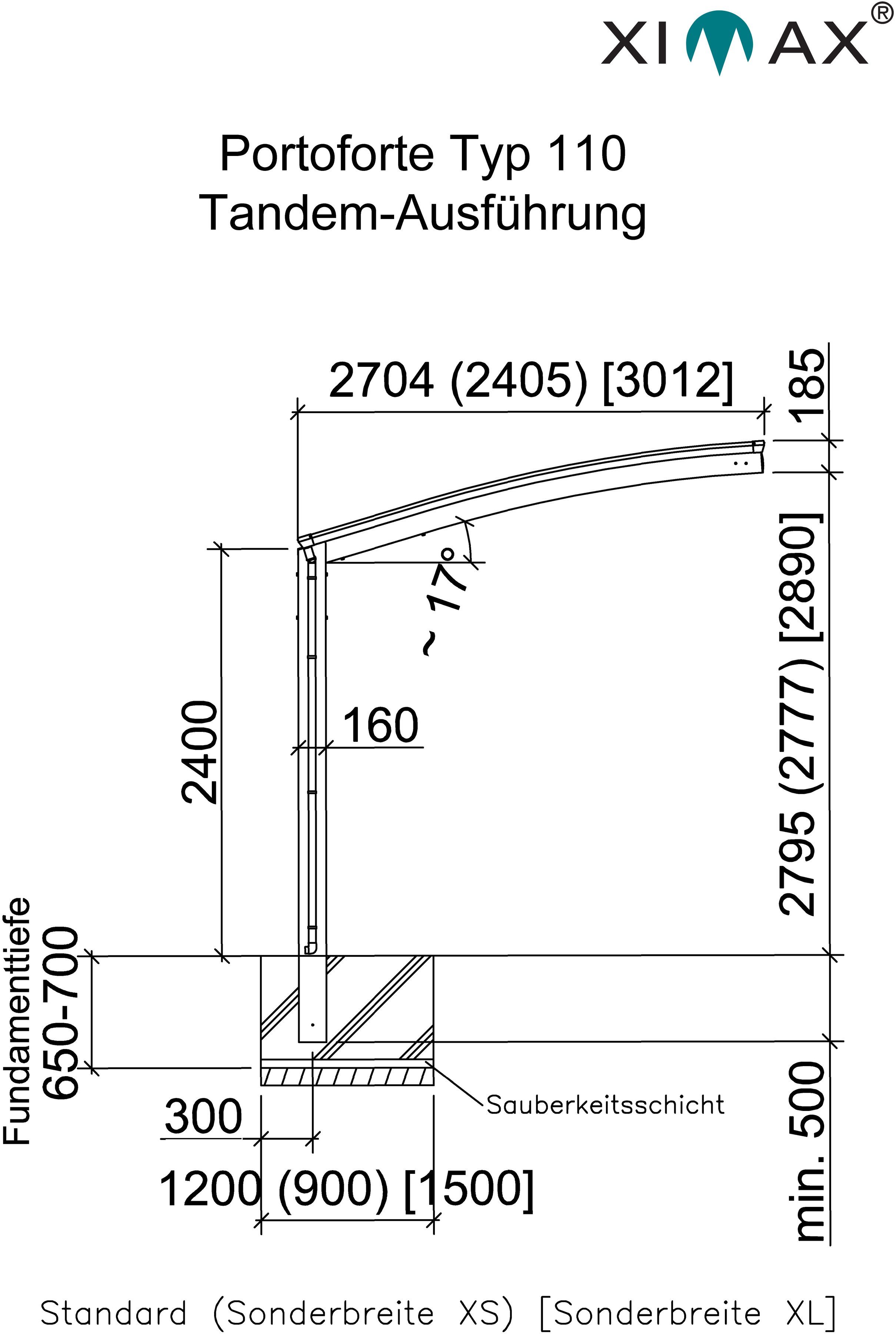 Tandem-Edelstahl-Look, 110 Aluminium Doppelcarport BxT: Portoforte Ximax cm, Einfahrtshöhe, Typ 240 270x983 cm