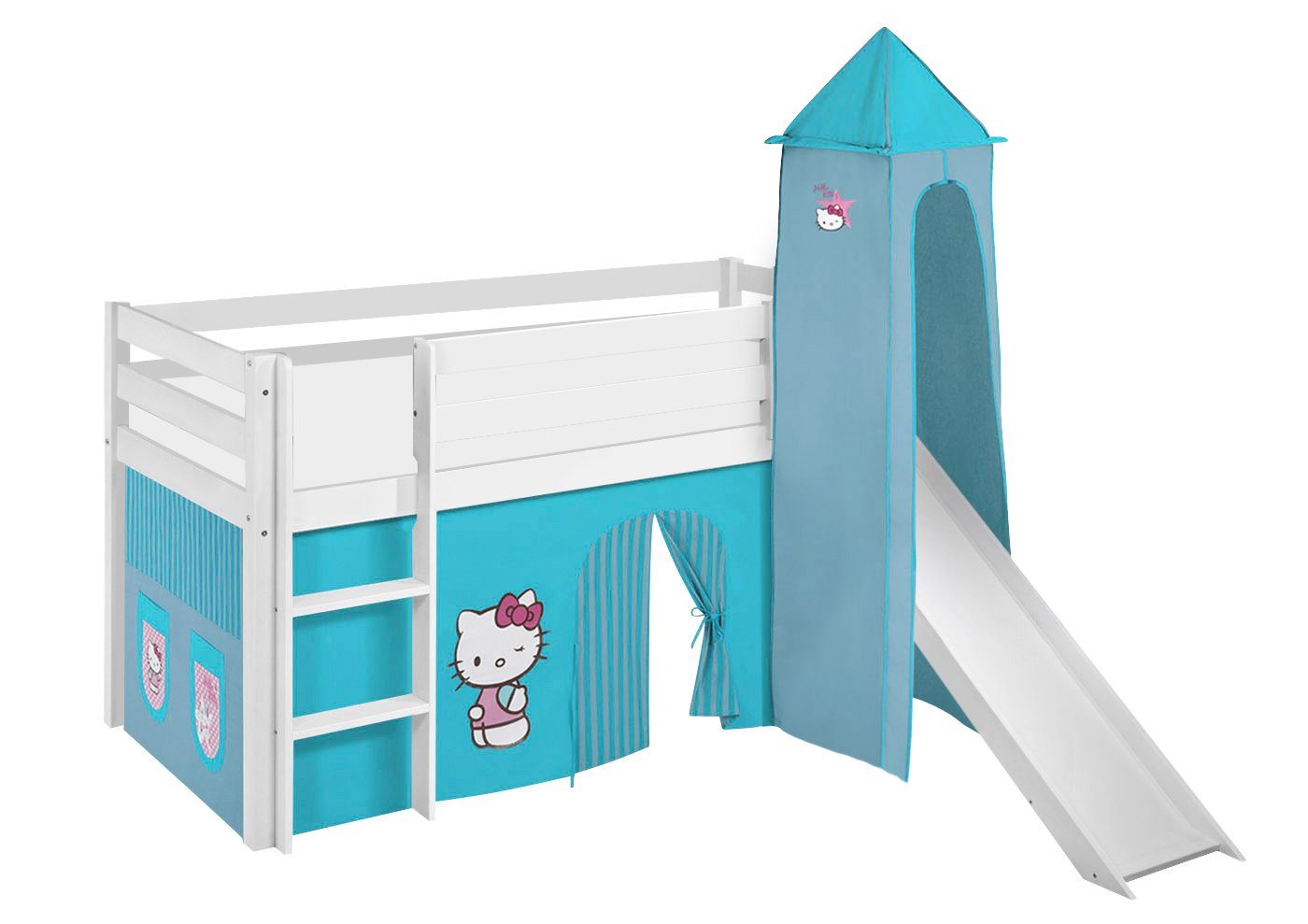 Lilokids Kinderbett Spielbett JELLE Hello Kitty - mit Rutsche & Vorhang & Turm