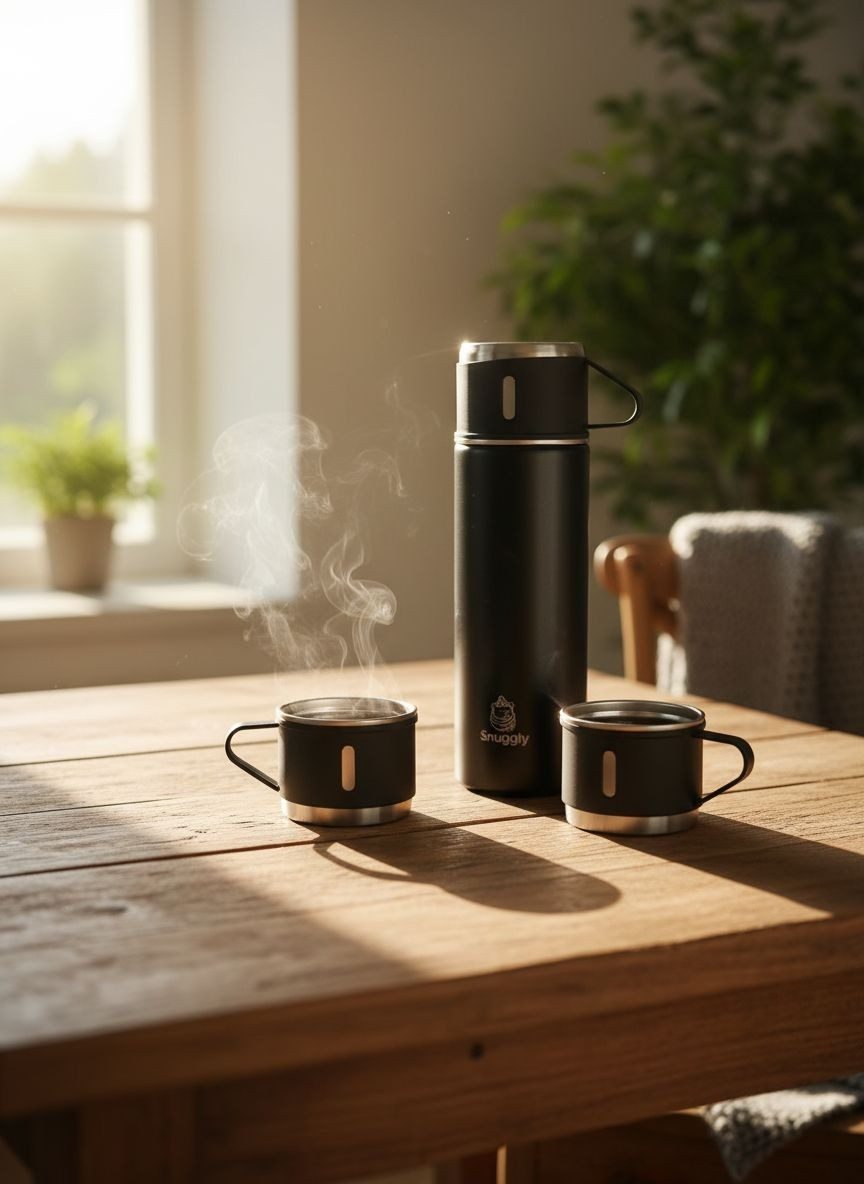 Snuggly Thermoflasche 500 ml Edelstahl doppelwandig mit 3 Bechern, 12h warm & kalt, Doppelwandiger Edelstahl, 12 h warm/kalt, auslaufsicher, Soft-Touch