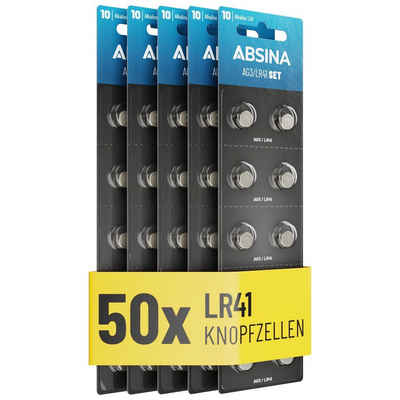 ABSINA AG3 LR41 Knopfzelle 50er Pack - 1,5V Alkaline Knopfzellen auslaufsicher & mit langer Haltbarkeit - LR736 / L736 / G3 / G3A / 3GA / 192 / GP192 / V3GA / RW87 - Knopfbatterien Batterien Batterie Knopfzelle, (5 St)