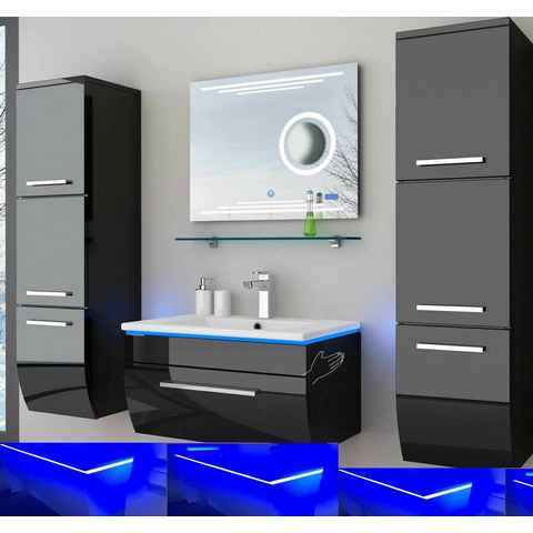 Homeline Badmöbel-Set Badmöbel Set montiert Schwarz oder Weiß Hochglanz Badezimmermöbel, (4-St), Hochglanz