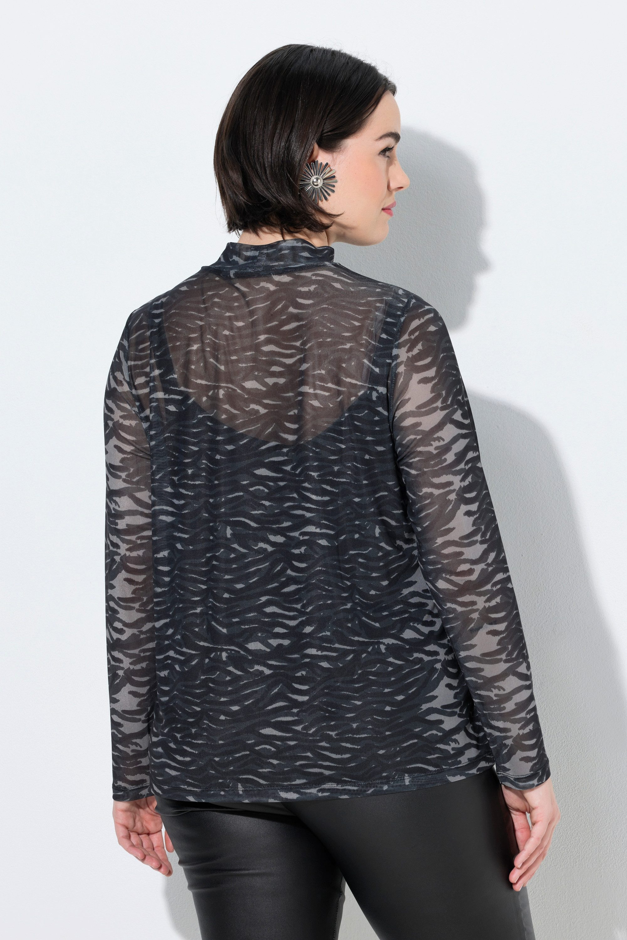 Ulla Popken Longsleeve Meshshirt Zebramuster Stehkragen Langarm