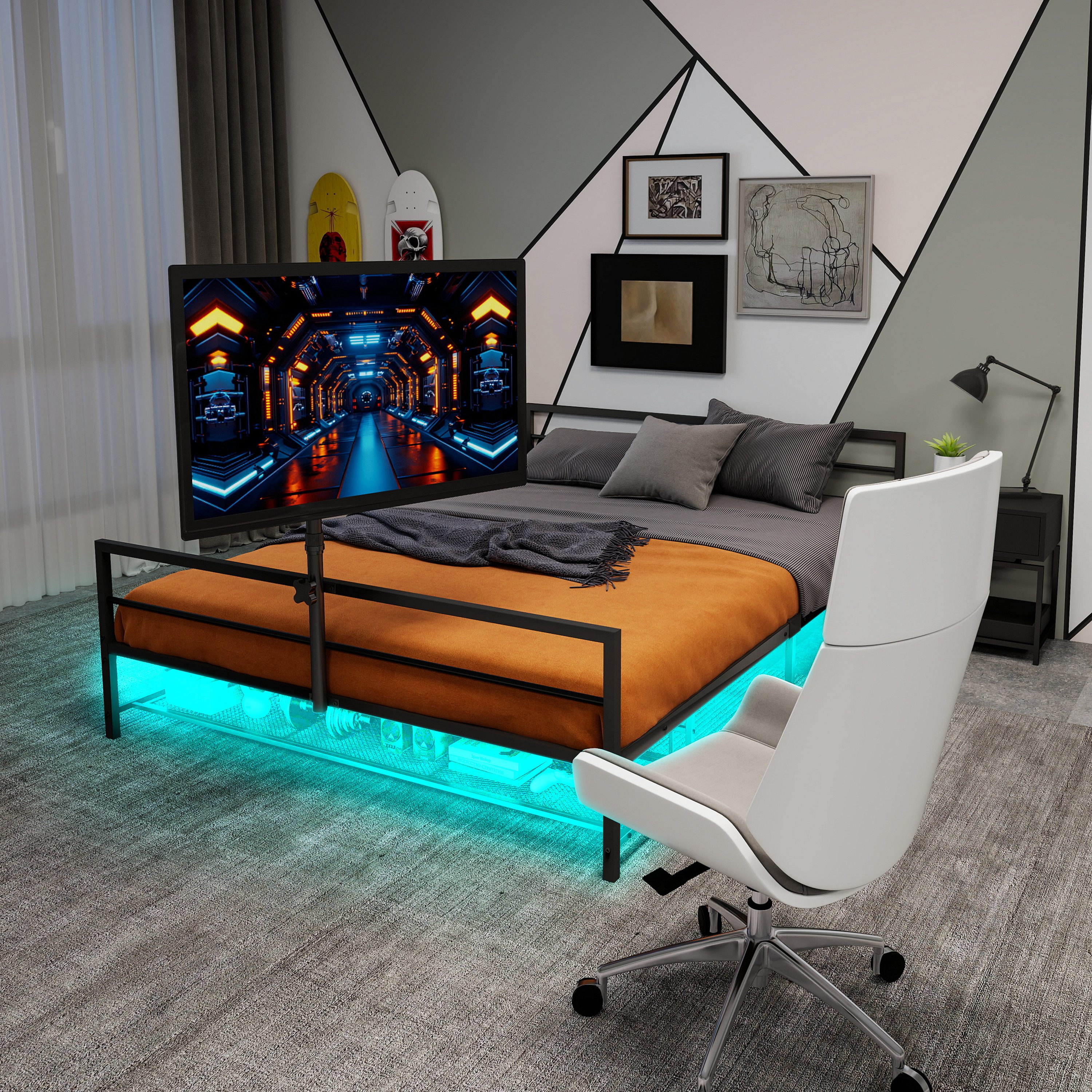 REDOM Metallbett Gaming-Bett, Eisenbett, Einzelbett (mit LED-Beleuchtung, verstellbarer Monitorhalterung und Stauraum – Robustes Metallbett (206 cm), 90x200 cm), ohne Matratze