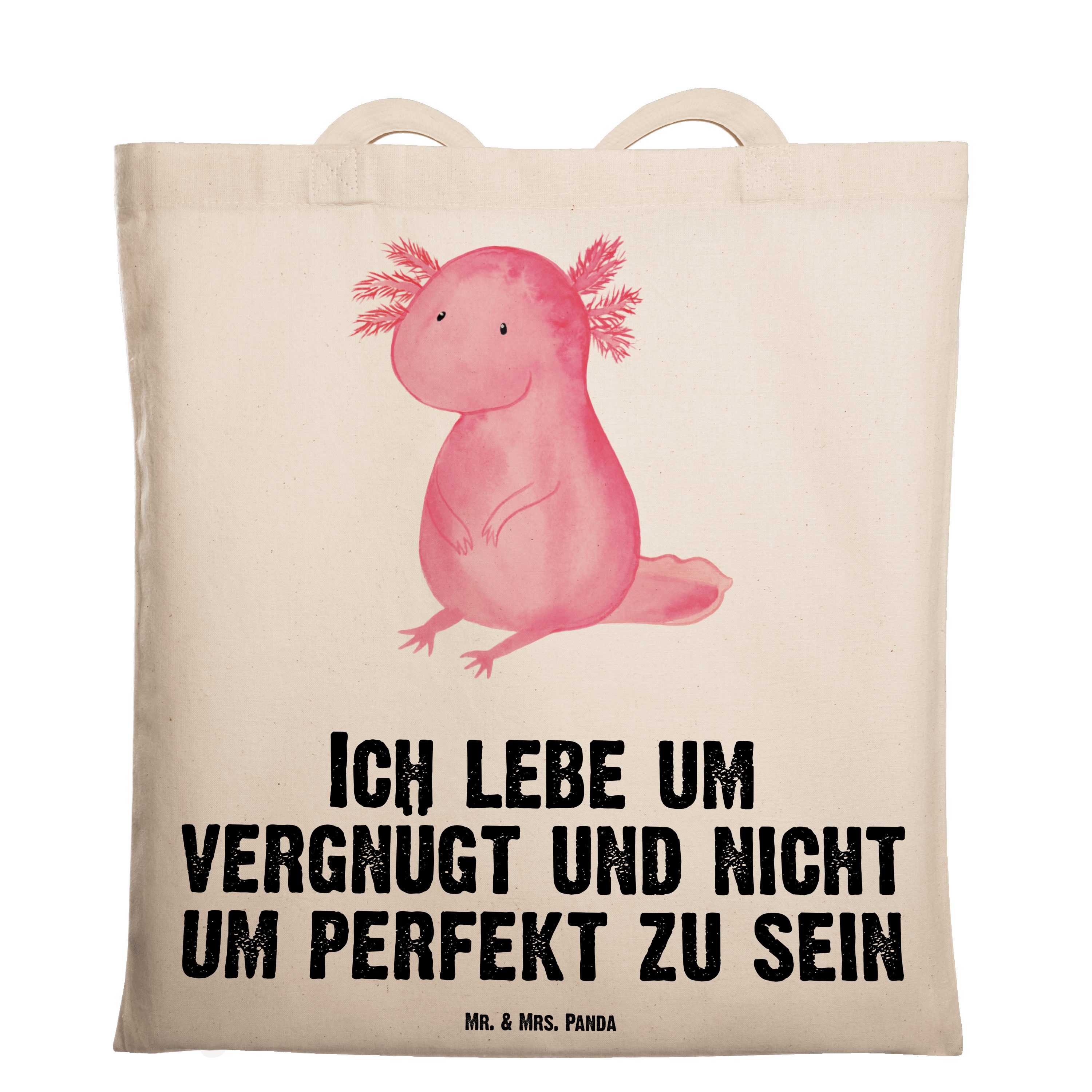 Mrs. & Axolotl Tragetasche zufrieden, F Molch, Transparent - Mr. Panda Geschenk, (1-tlg) - Einkaufstasche,