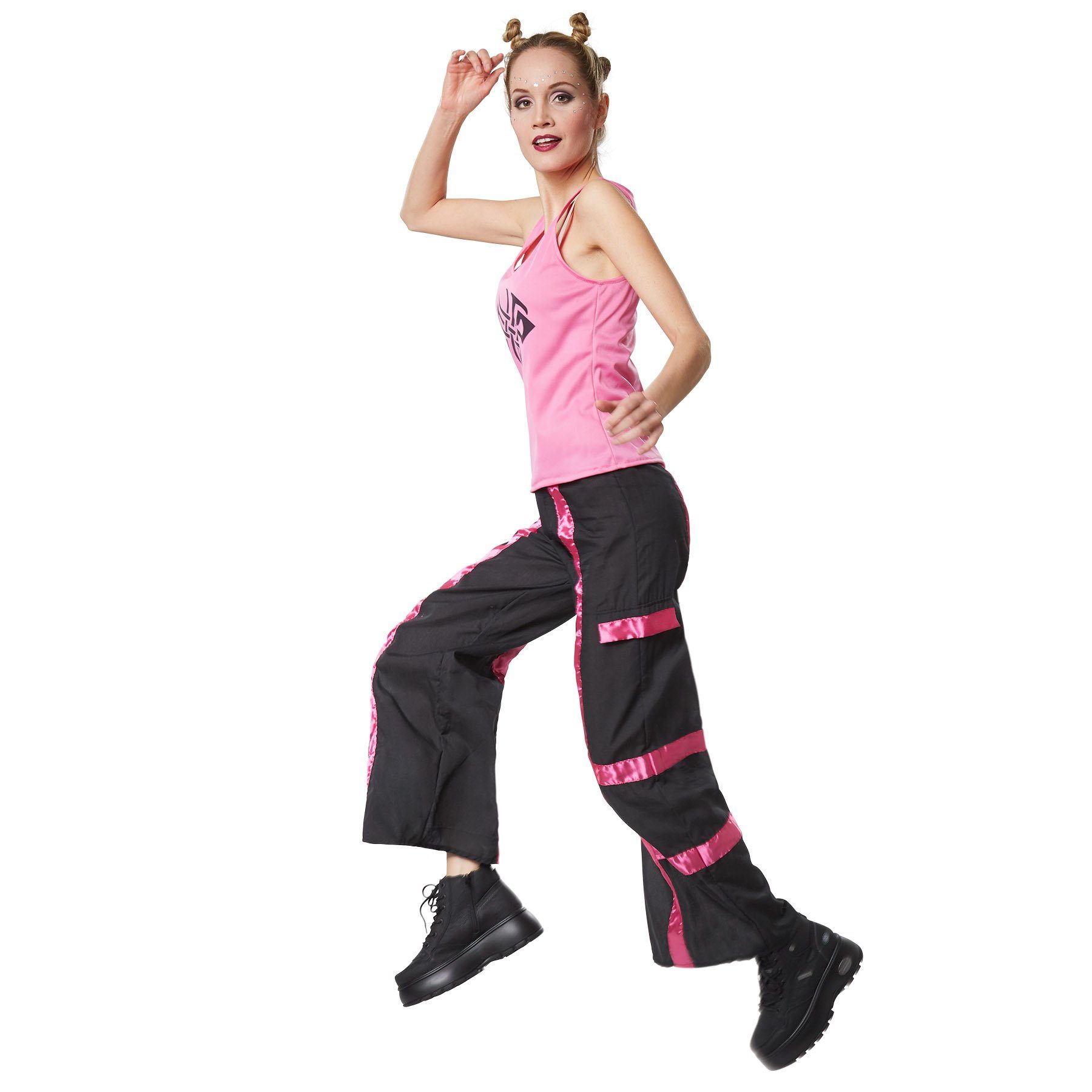 dressforfun Hippie-Kostüm Technotänzerin/Discofan, in pink, Lange Hose mit Schlag Gummibund, Konfektionsgröße L, Ärmelloses Shirt aus neonpinkem Satinstoff, Knopf