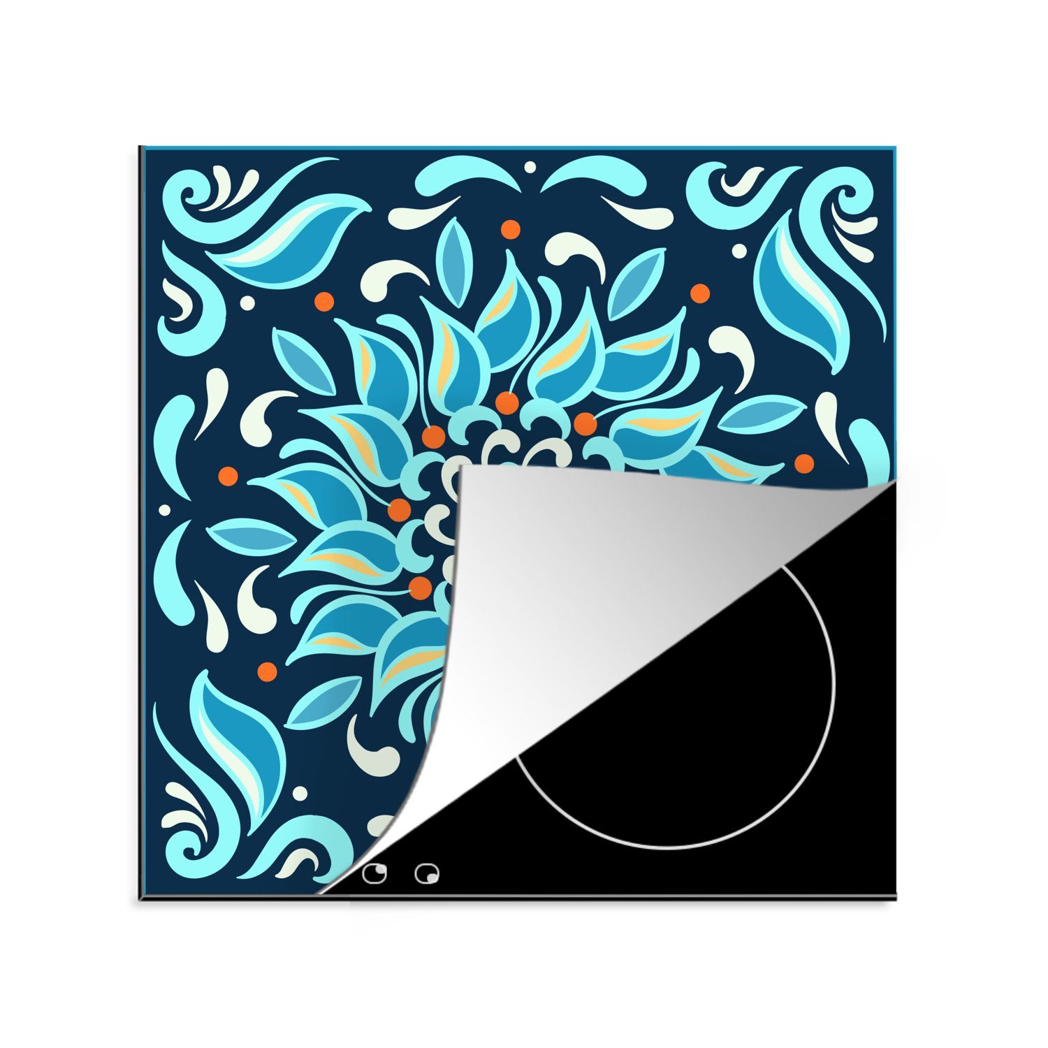 MuchoWow Herdblende-/Abdeckplatte Blume - Blau - Quadratisch - Muster, Vinyl, (1 tlg), 78x78 cm, Ceranfeldabdeckung, Arbeitsplatte für küche | Herdabdeckplatten