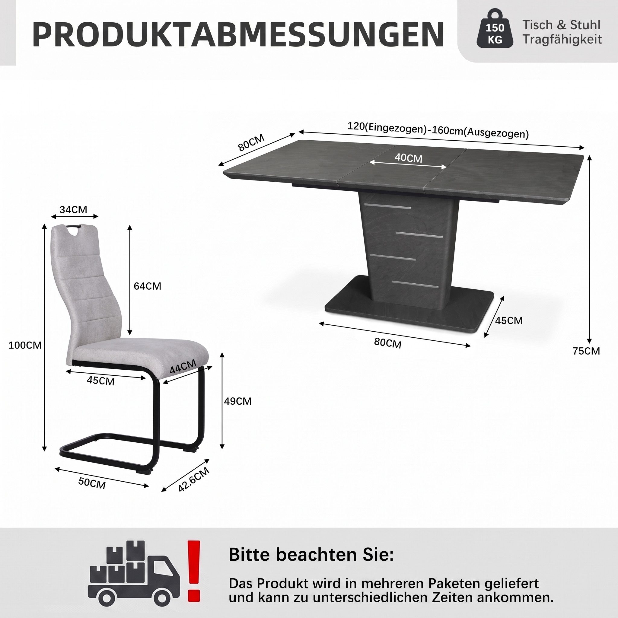 Jiexi Essgruppe Essgruppe Ausziehbar 120-160cm Säulentisch & Freischwinger Stühle – Bild 3 von 5