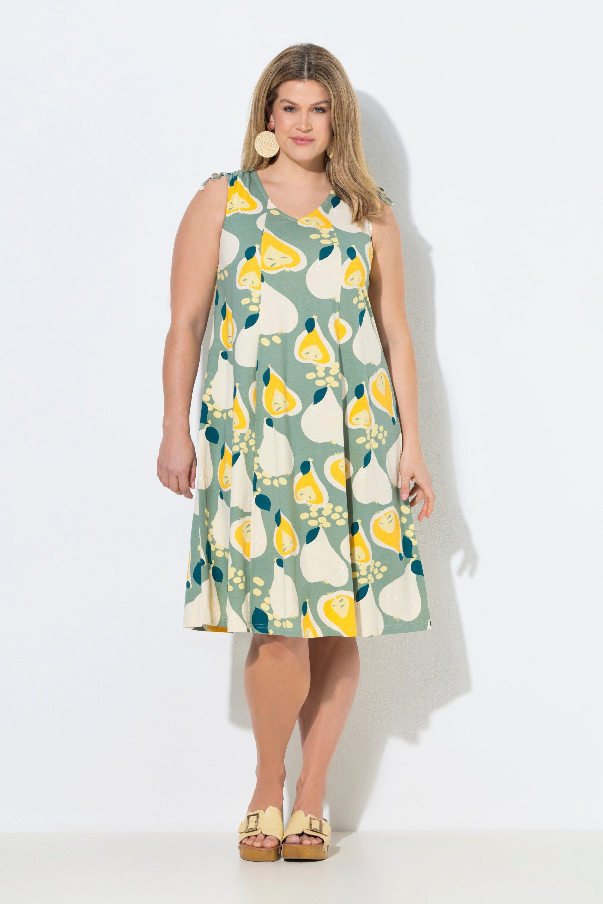 Ulla Popken Jerseykleid Midikleid Birnen V-Ausschnitt ärmellos