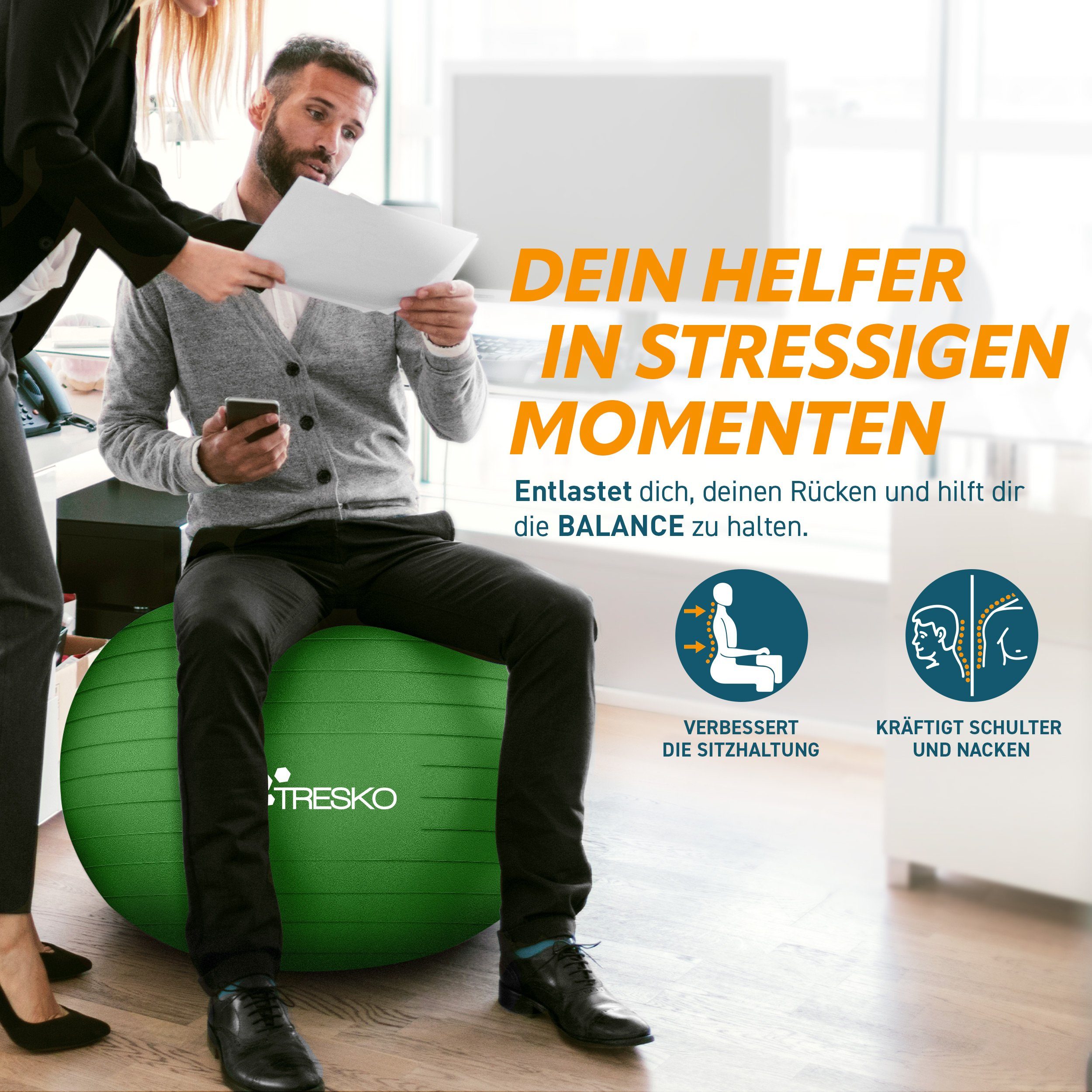 TRESKO Gymnastikball mit GRATIS Übungsposter inkl. Luftpumpe Yogaball, BPA-Frei Sitzball Büro Anti-Burst inkl. Luftpumpe, Fitnessball