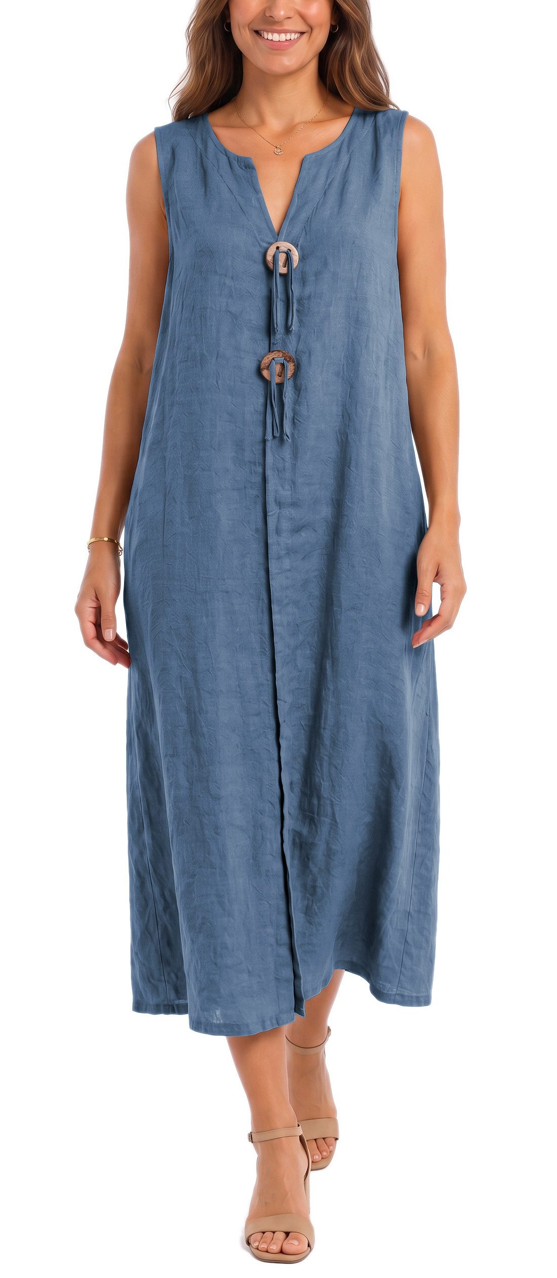 dy_mode Sommerkleid Damen Leinenkleid Luftiges Maxi Sommerkleid Strandkleid Damenkleid in Unifarbe, V-Ausschnitt, mit seitlichen Eingriffstaschen