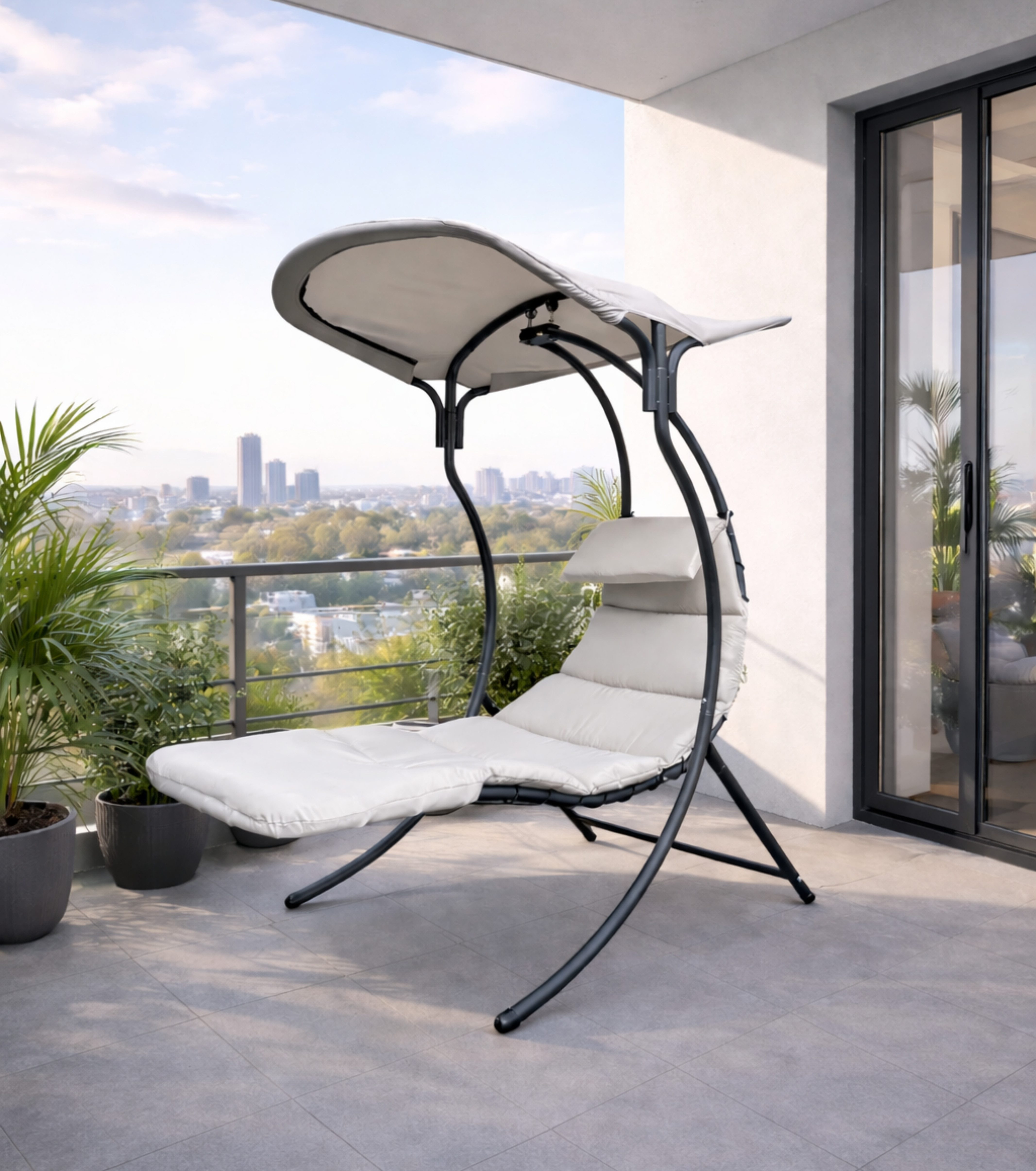 Leco Gartenliege Hängeliege Schwebeliege Hängesessel Schwingliege Dream Chair 2.0, Spar-Set, zerlegt zur Selbstmontage, Inkl. Auflage und Sonnendach, Schwebeliege, Schwingliege, Hängeliege