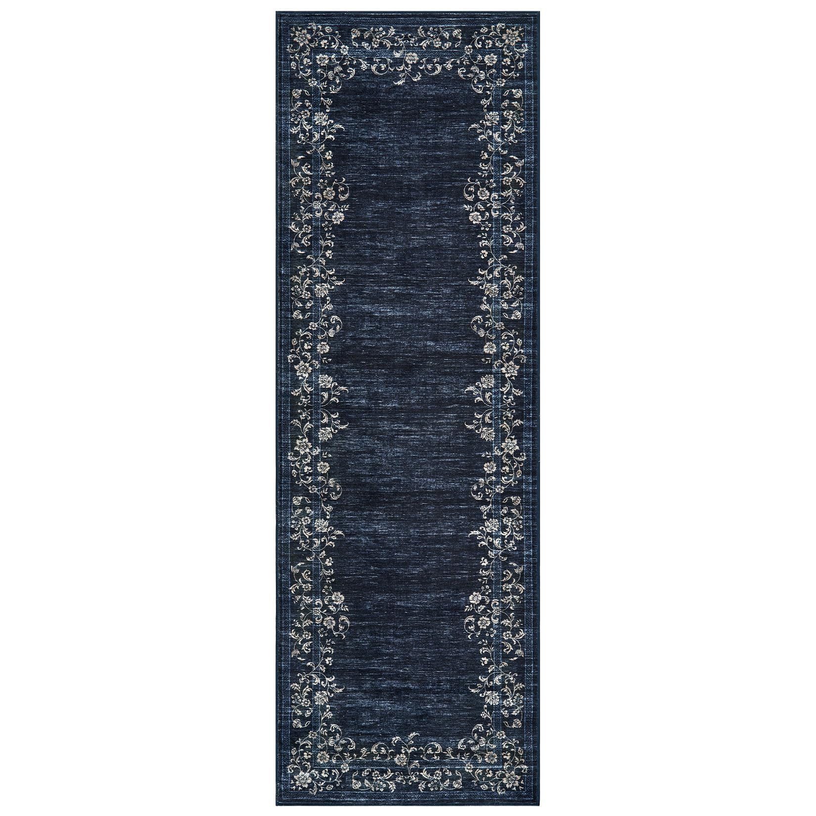 GarveeMore Veloursteppich Waschbarer Vintage Teppich Designteppich Läufer mit floraler Bordüre, Moderner Kurzflor, rutschfest, pflegeleicht & schmutzabweisend