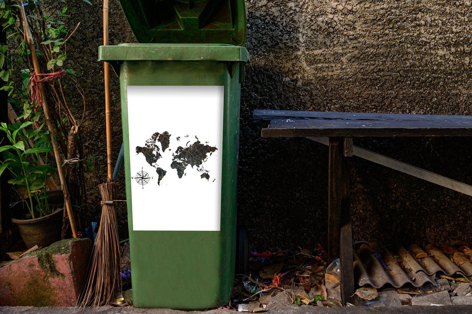 - MuchoWow (1 Mülleimer-aufkleber, Kompass Mülltonne, Abfalbehälter Container, Wandsticker Sticker, Bronze St), - Weltkarte