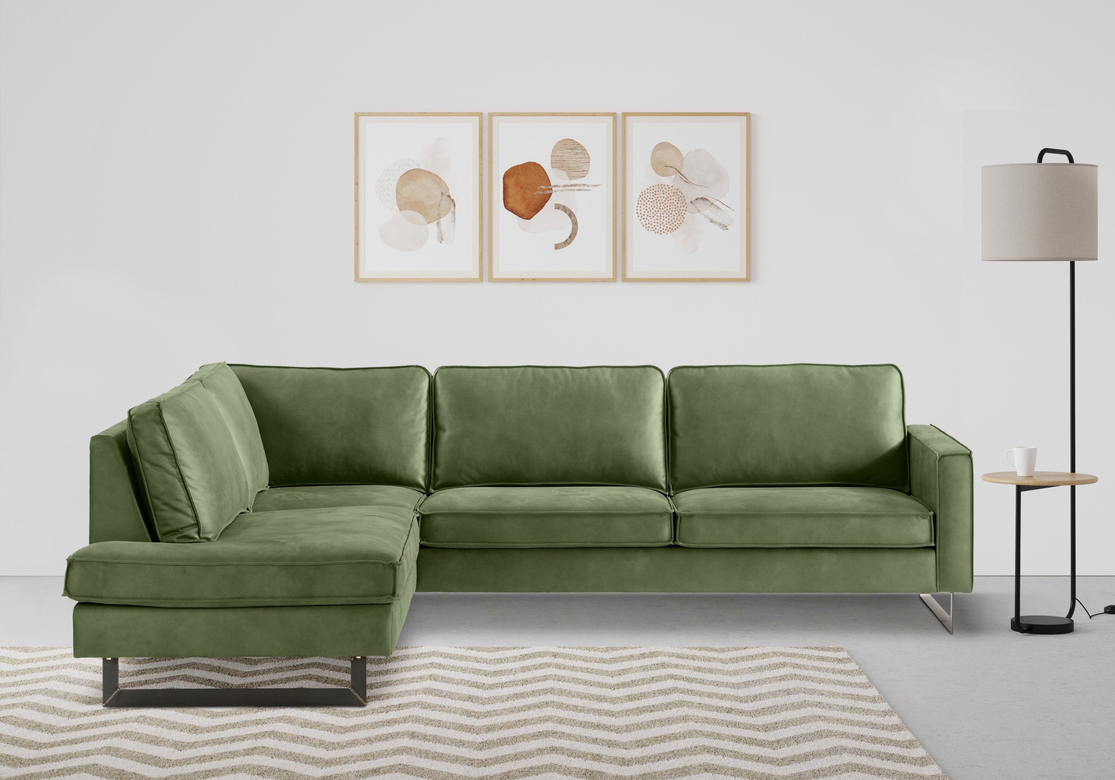 Places of Style Ecksofa Pinto, 290 cm, Cord, Chenille, Lederoptik, Ottomane links / rechts, mit Keder, schwarze Metallfüße, Wellenunterfederung